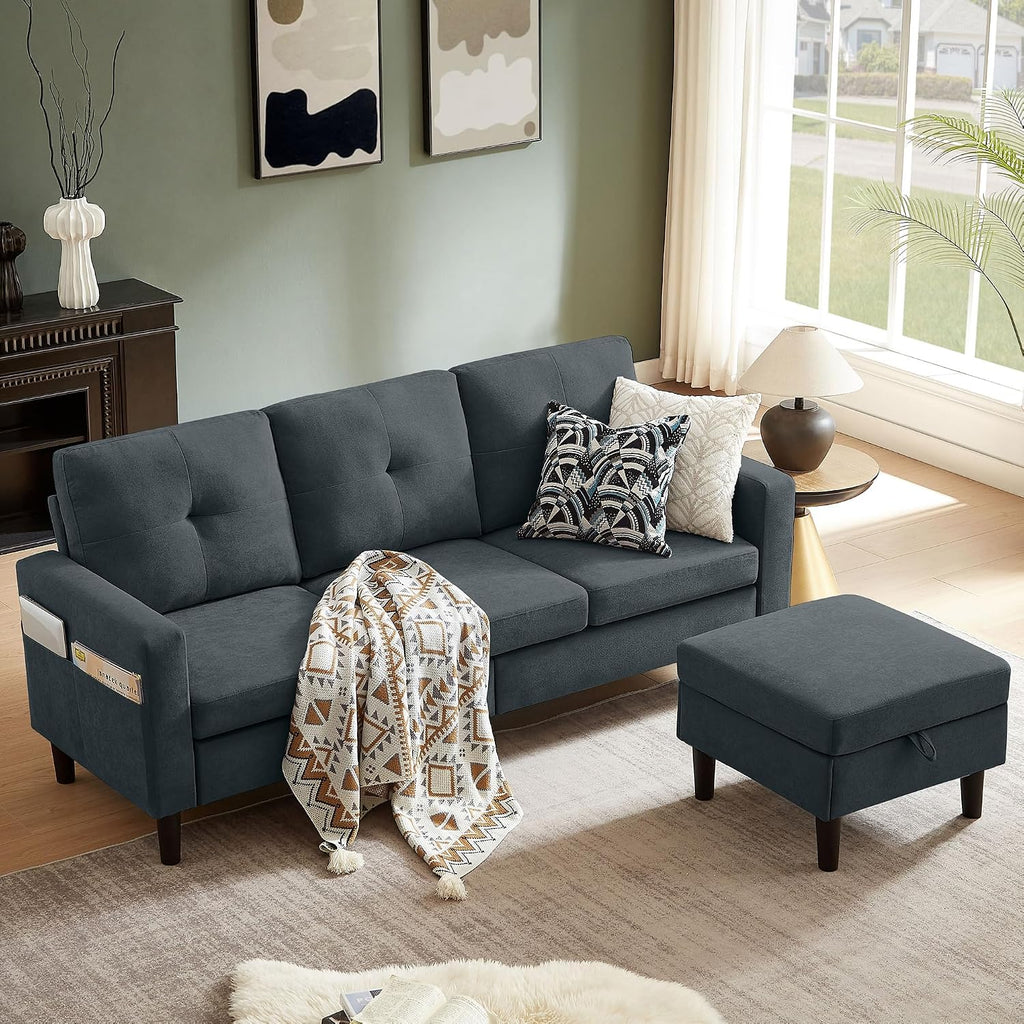 80' Convertible Sectional Sofa Couch with Movable Ottoman, 3 Seats Sectional Sofas L Shaped Couch for Small Spaces, Soft Fabric Couch for Living Room (Dark Grey)