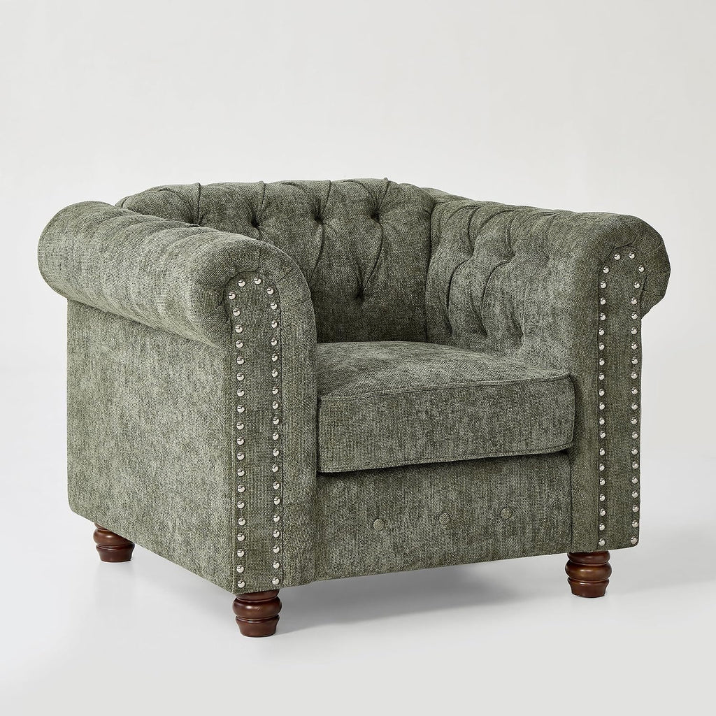 Modern Chesterfield 2-Piece Chenille Sofa & Armchair Combo, Tufted Couch and Accent Chair with Rolled Arms Nailhead Trim and Solid Wood Legs Traditional Upholstered Sofa Set for Living Room Home Green