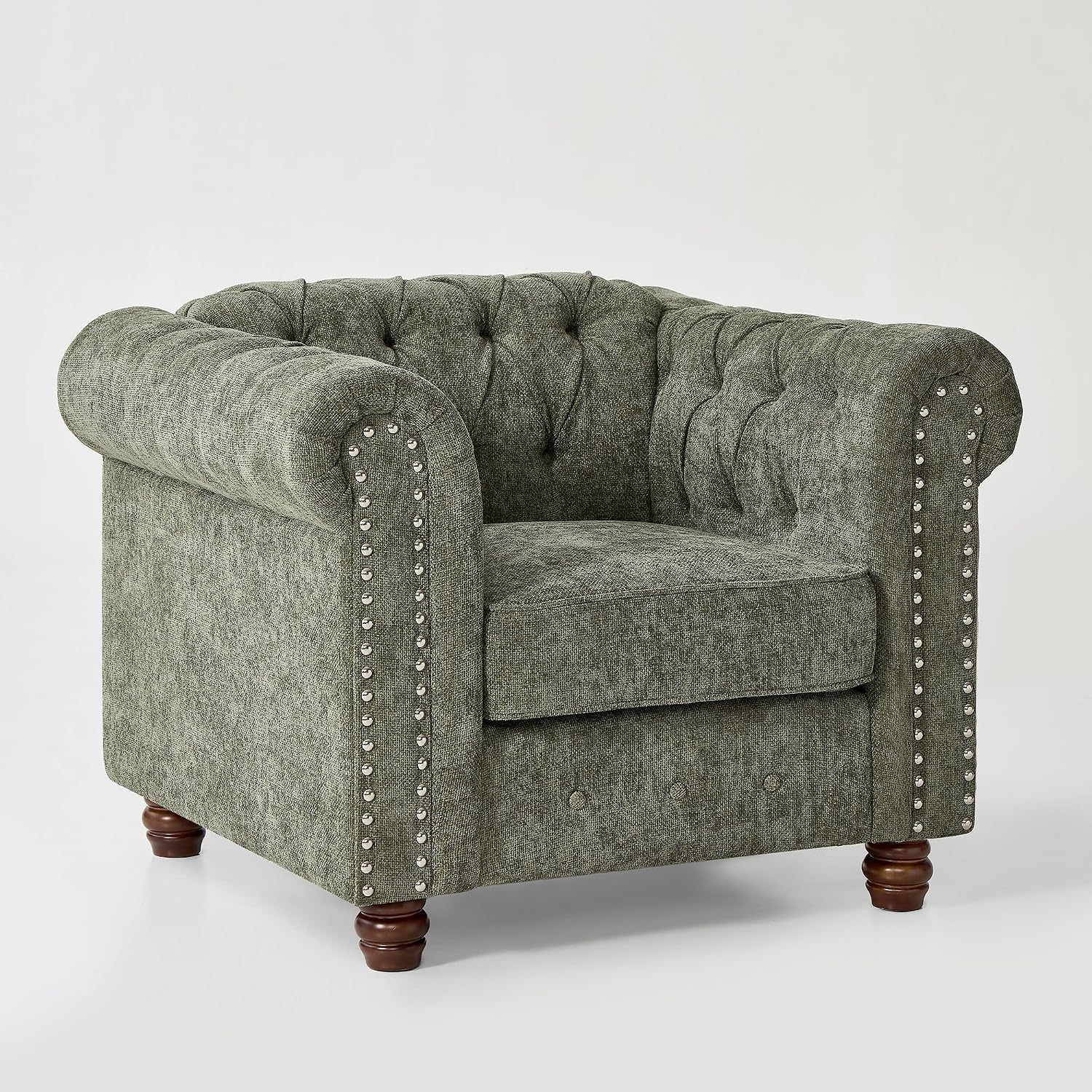 Modern Chesterfield 2-Piece Chenille Sofa & Armchair Combo, Tufted Couch and Accent Chair with Rolled Arms Nailhead Trim and Solid Wood Legs Traditional Upholstered Sofa Set for Living Room Home Green