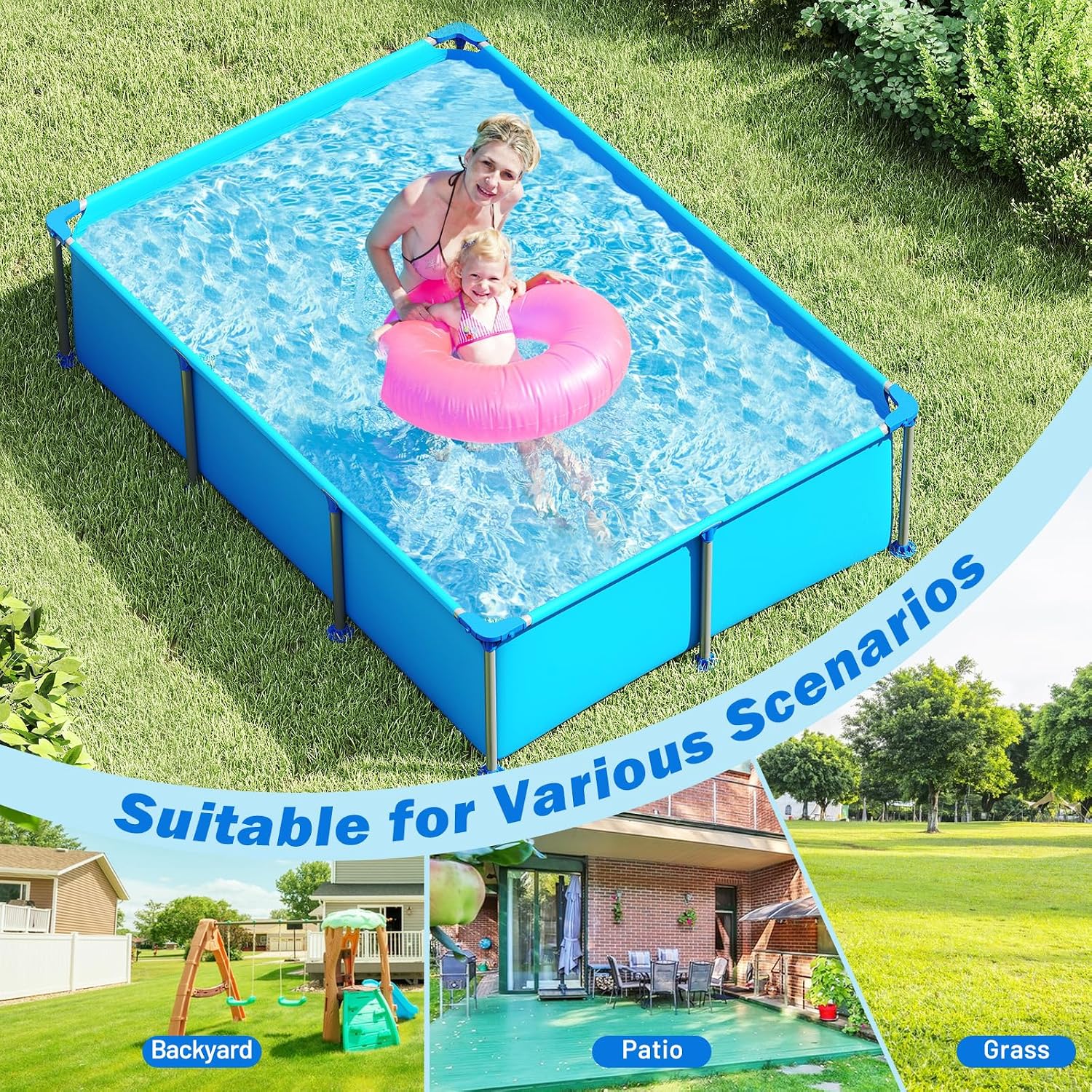 Moccha 8.5' x 6' Rectangle Above Ground Pool - Metal Frame Family Pool Set with PVC Fabric, 3 Stoppers & Drainage Valve Connector, Outdoor Backyard Swimming Pool, 690 Gallons of Water