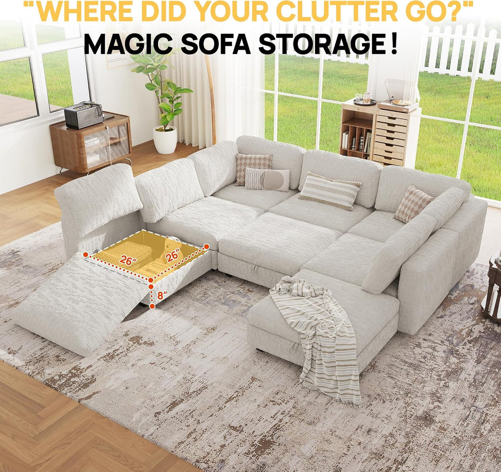 128' Modular Sectional Chenille Sofa bed with Hidden Storage, Comfy Modern 8 Seater Oversized Deep Seat Couch, Modular Sectional with Ottoman and Removable Cover for Living Room, Apartment, Beige