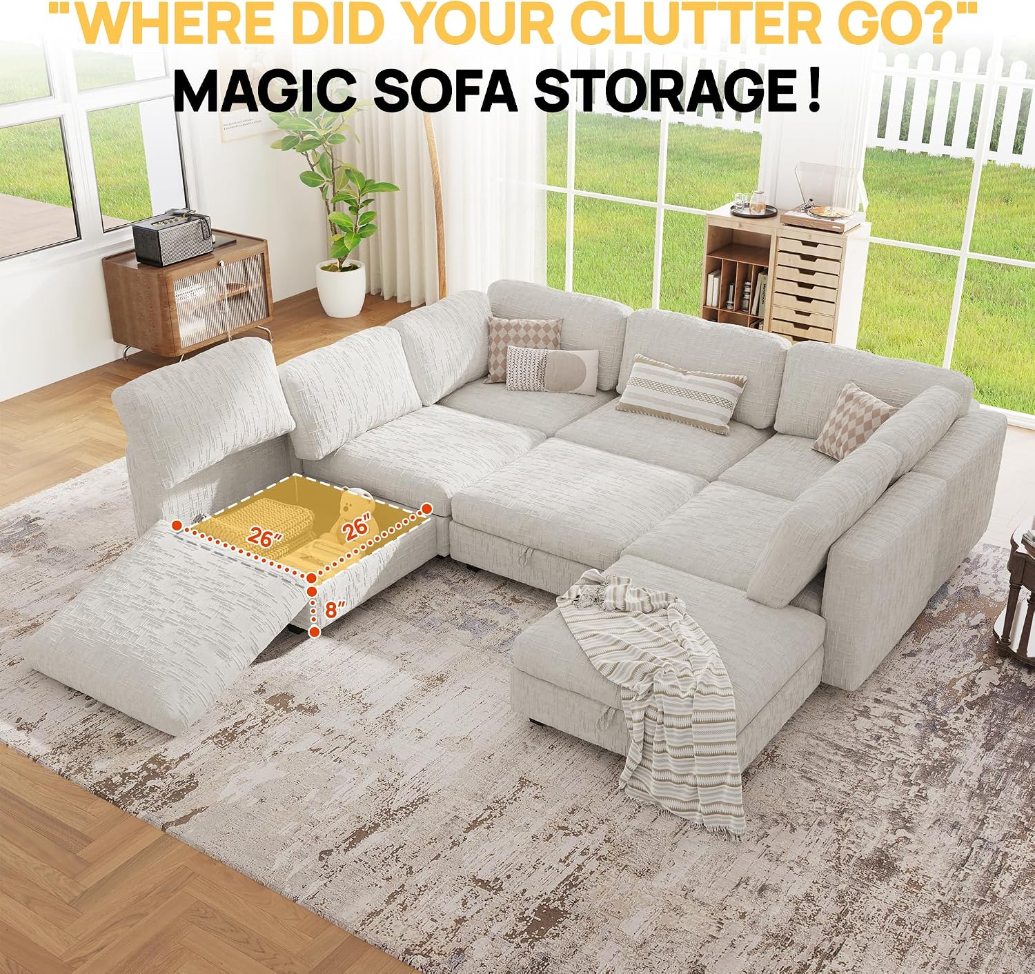 128' Modular Sectional Chenille Sofa bed with Hidden Storage, Comfy Modern 8 Seater Oversized Deep Seat Couch, Modular Sectional with Ottoman and Removable Cover for Living Room, Apartment, Beige