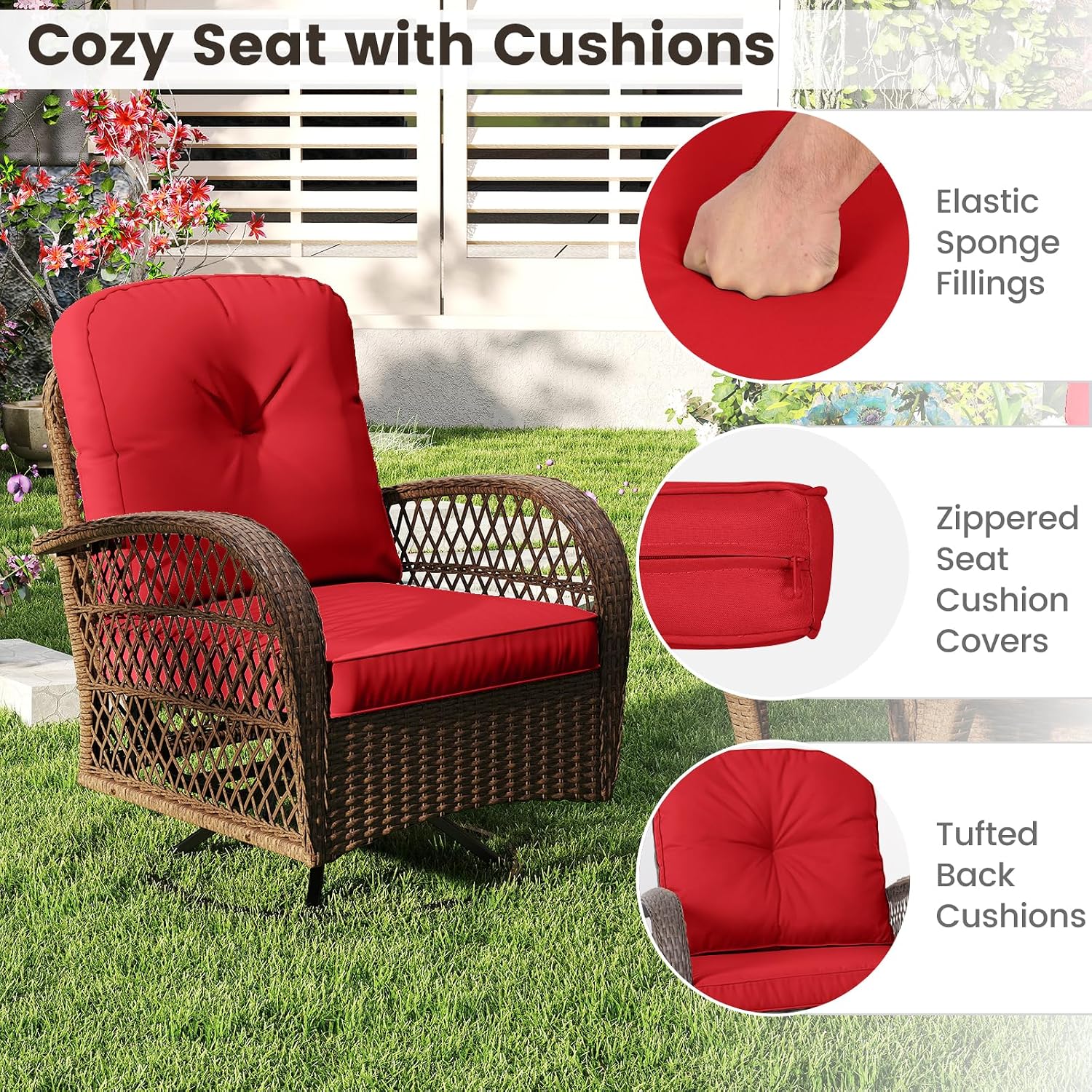 ORALNER 3 Pieces Wicker 360° Swivel Rocker Set Patio Furniture, Rocking Chairs with Cushions, Tempered Glass Coffee Table, Outdoor Rattan Bistro Set for Balcony Front Porch Deck Poolside (Red)