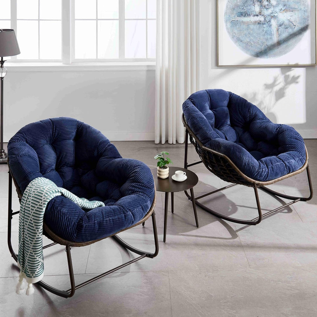 Wicker Outdoor Rocking Chair Rattan Egg Chair with Thick Cushion 30° Smooth Rocking Patio Lounge Reclining for Indoor Outdoor Use Living Room Front Porch Balcony Lawn Garden, Navy Blue