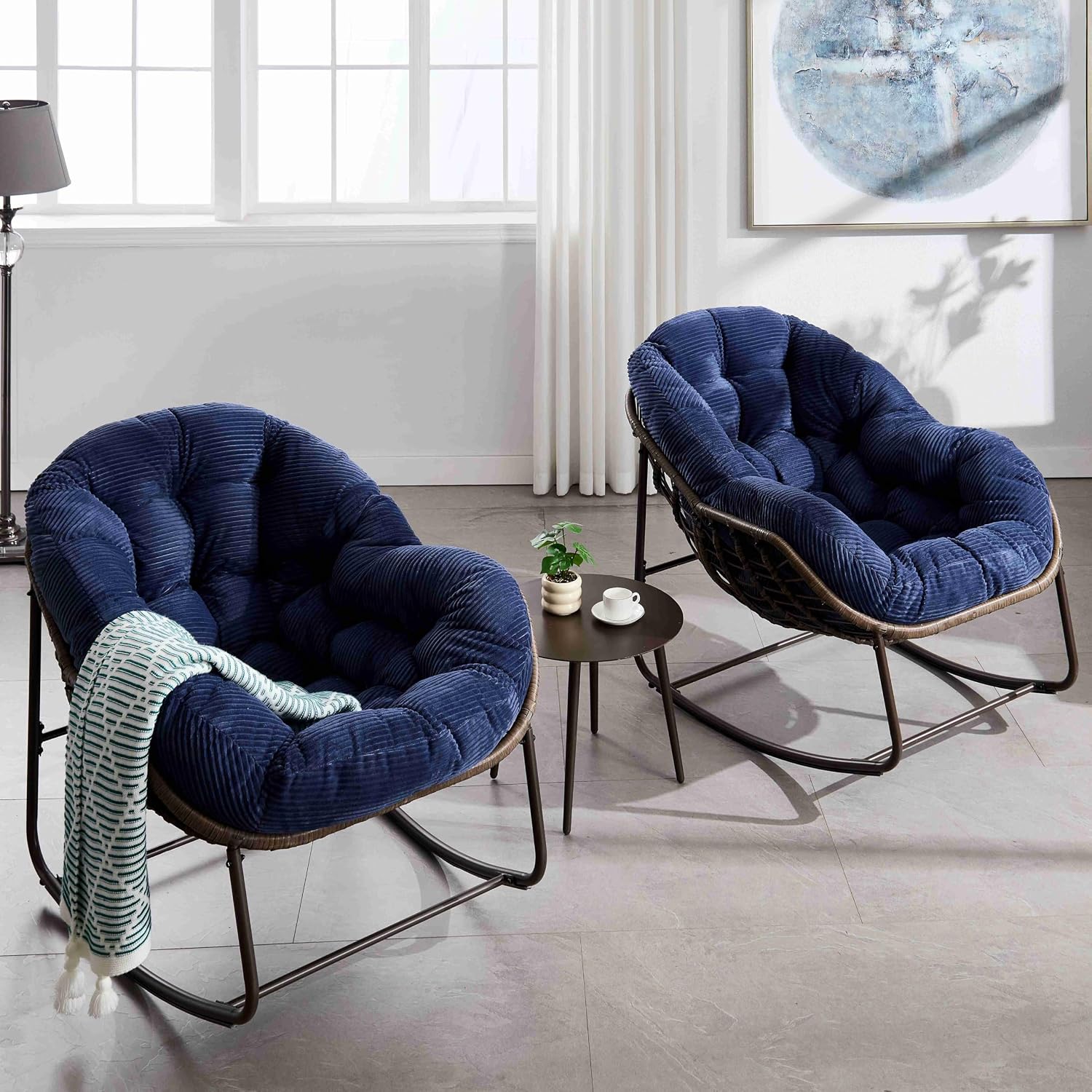 Wicker Outdoor Rocking Chair Rattan Egg Chair with Thick Cushion 30° Smooth Rocking Patio Lounge Reclining for Indoor Outdoor Use Living Room Front Porch Balcony Lawn Garden, Navy Blue