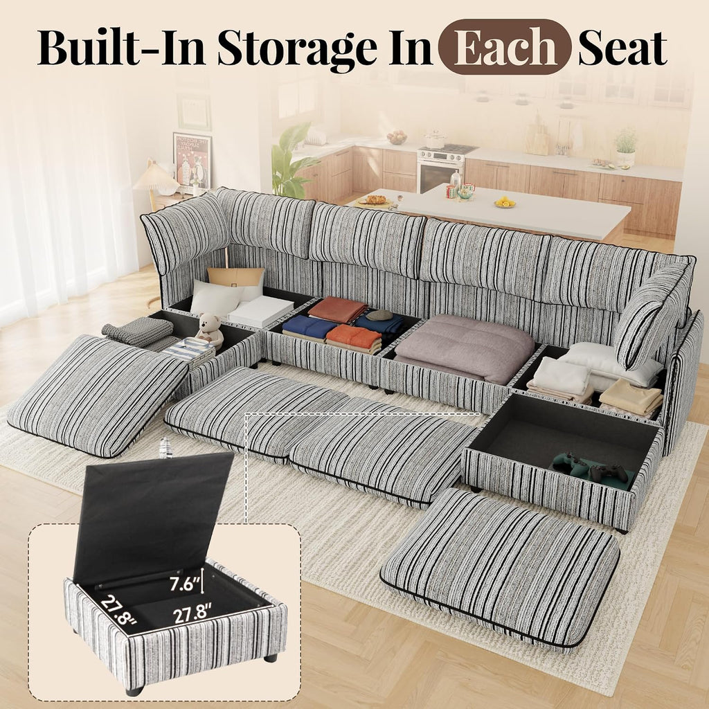 95.5' Modular Sectional Couch with Hidden Storage, Convertible L U Shaped Sleeper Sofa Bed with Stripe Pattern, 6 Seat Modular Sectional Couch with Ottoman Chaise & Removable Covers for Living Room