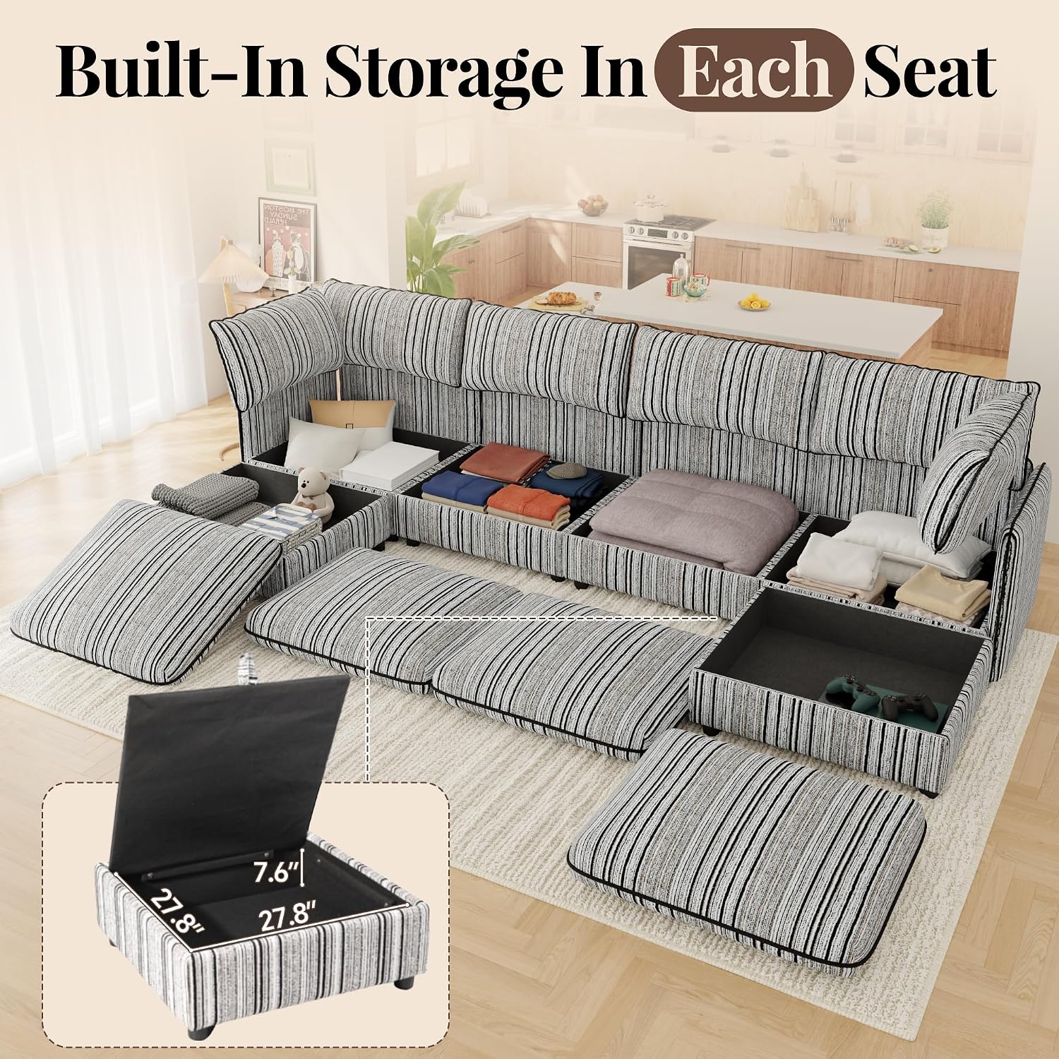 95.5' Modular Sectional Couch with Hidden Storage, Convertible L U Shaped Sleeper Sofa Bed with Stripe Pattern, 6 Seat Modular Sectional Couch with Ottoman Chaise & Removable Covers for Living Room