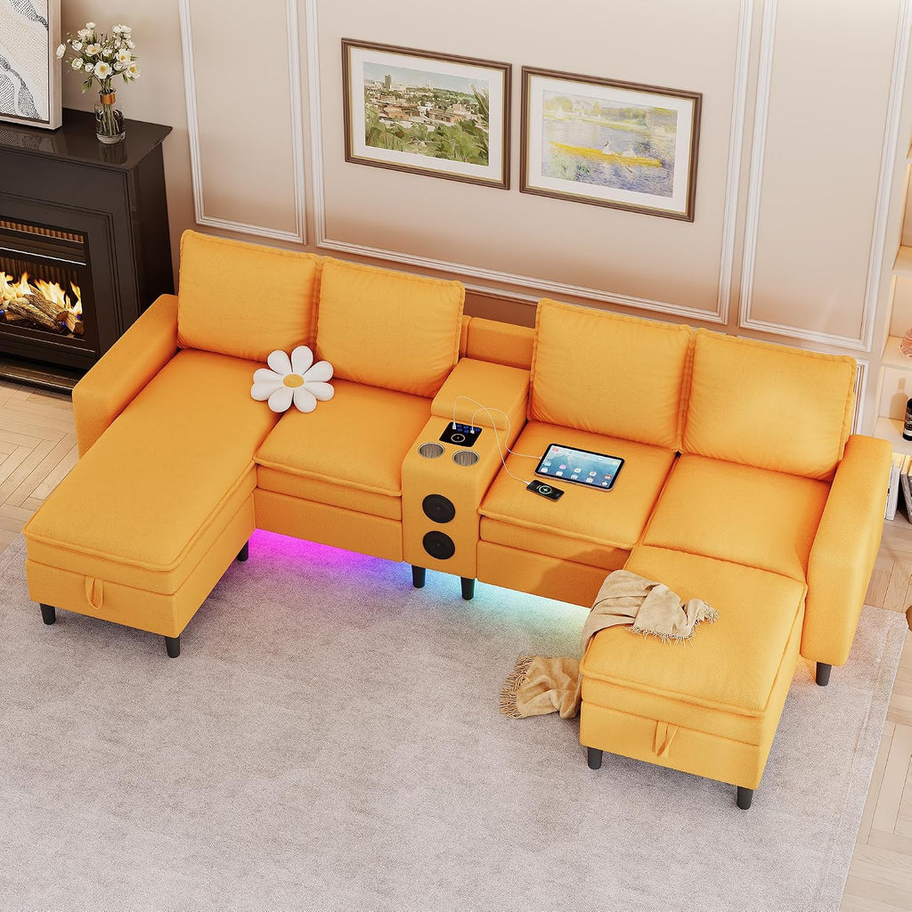 Sectional Couches for Living Room, 4 Seat Sectional Sofa with Smart Module-Bluetooth Speaker/RGB Light/Charging Station, Teddy Fleece U Shaped Cloud Couch with Storage Ottoman (Yellow)
