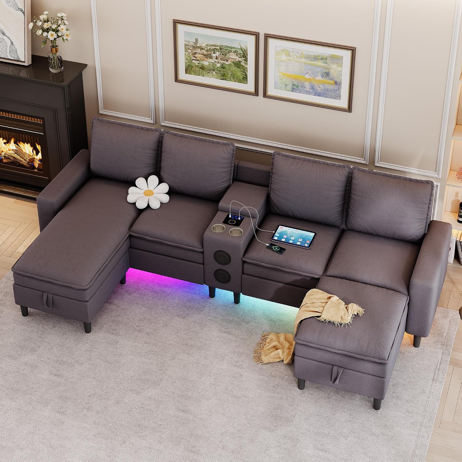 Sectional Couches for Living Room, 4 Seat Sectional Sofa with Smart Module-Bluetooth Speaker/RGB Light/Charging Station, Teddy Fleece U Shaped Cloud Couch with Storage Ottoman (Dark Grey)