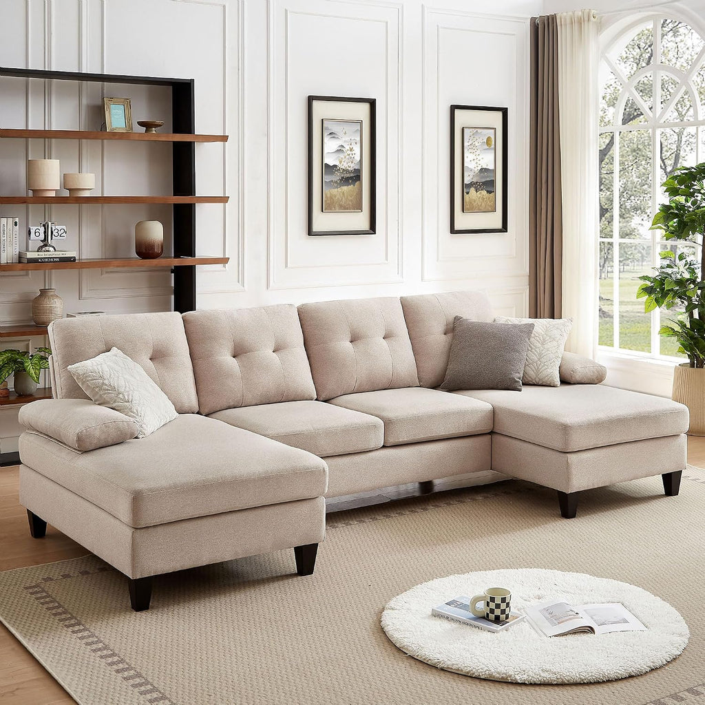 Sectional Couch for Living Room, Modern Linen Fibre U Shaped Sofa Couches with Double Chaise, Upholstered 4 Seater Sofa for Living Room, Apartment, Office, Beige