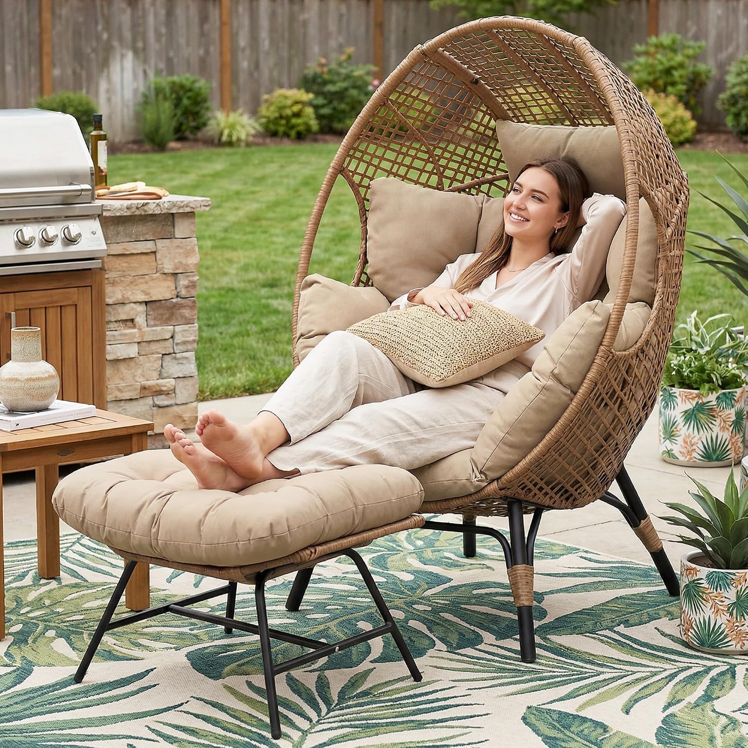 RADIATA Egg Chair with Footrest, Wicker Patio Lounger with Ottoman, Oversized Rattan Egg Shaped Chair with Leg for Indoor Outdoor Patio Balcony Garden (Brown)