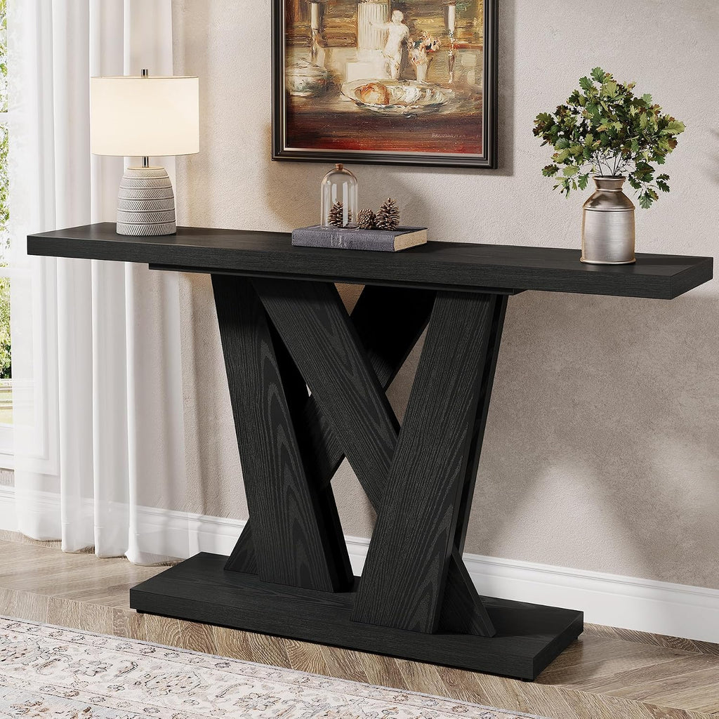 Tribesigns 55-Inch Farmhouse Console Table, Farmhouse Behind The Couch Table TV Stand with Geometric Base, Skinny Sofa Table Entryway Table for Entrance, Living Room, Hallway, Foyer, Black