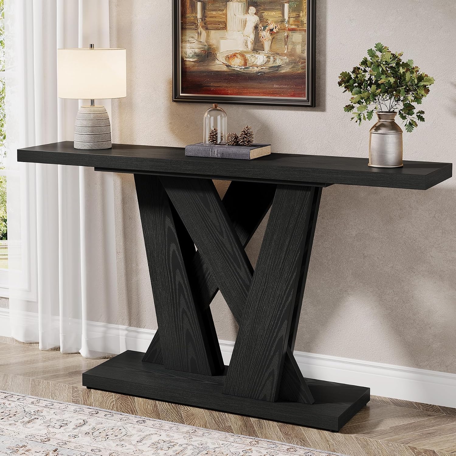 Tribesigns 55-Inch Farmhouse Console Table, Farmhouse Behind The Couch Table TV Stand with Geometric Base, Skinny Sofa Table Entryway Table for Entrance, Living Room, Hallway, Foyer, Black