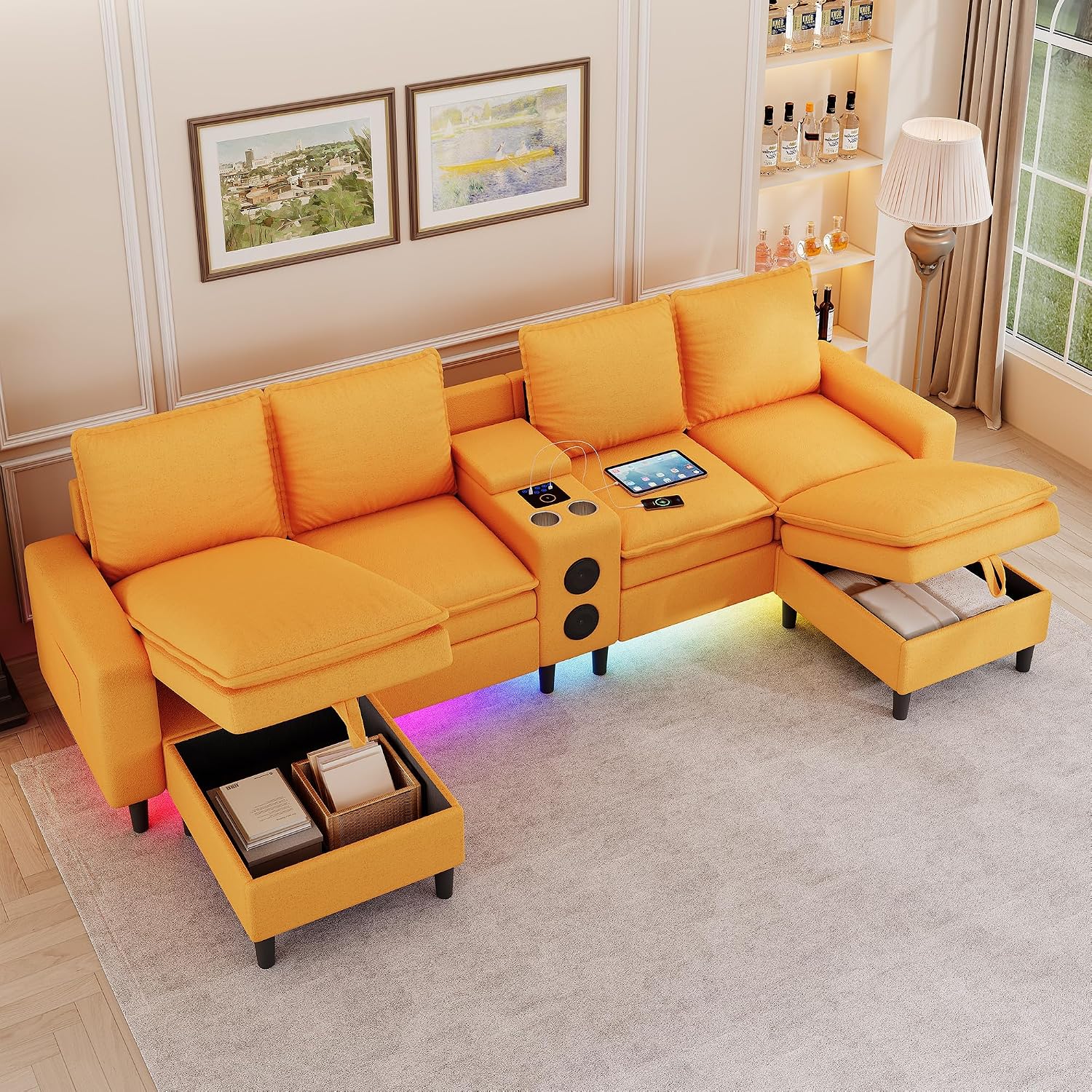 Sectional Couches for Living Room, 4 Seat Sectional Sofa with Smart Module-Bluetooth Speaker/RGB Light/Charging Station, Teddy Fleece U Shaped Cloud Couch with Storage Ottoman (Yellow)
