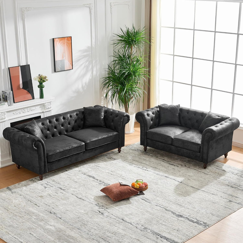 Air Leather Tufted Loveseat Couch, Rolled Arm 2-Seater Sofa with 2 Pillows, Living Room Small Apartment Office Décor