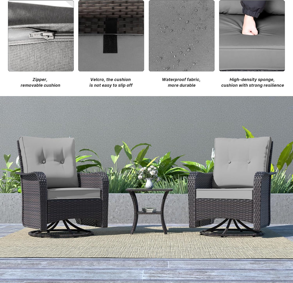 Kurapika 3 Pieces Patio Furniture Set Outdoor Swivel Gliders Rocker, Wicker Patio Bistro Set, Rattan Rocking Chair with Tempered Glass Side Table and Thickened Cushions (Grey)