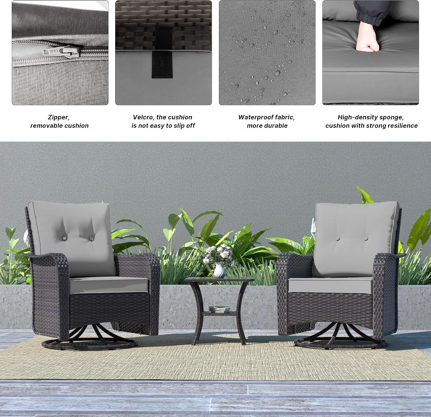 Kurapika 3 Pieces Patio Furniture Set Outdoor Swivel Gliders Rocker, Wicker Patio Bistro Set, Rattan Rocking Chair with Tempered Glass Side Table and Thickened Cushions (Grey)