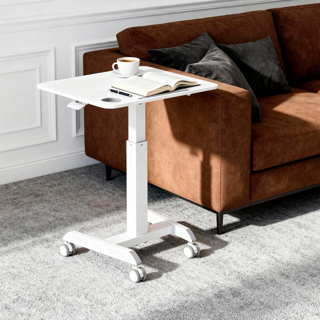 Mount-It! Laptop Cart Rolling Desk Adjustable Height with 28.5' x 22' Tabletop, Ergonomic Sit-Stand Workstation on Wheels Portable for Home Office, Dorm, Classroom, White