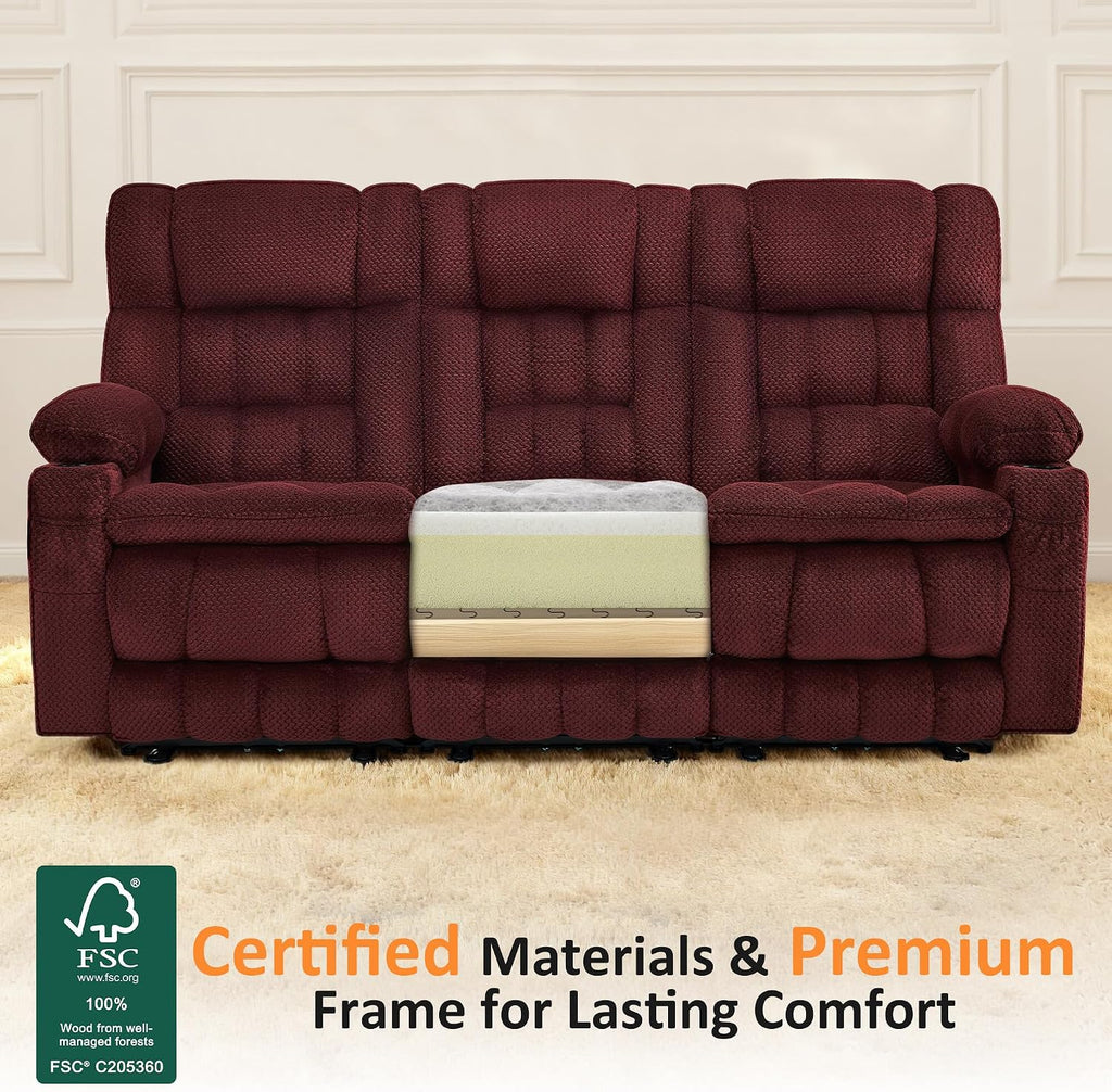 MCombo 80.7' W 3 Seater Power Reclining Sofa with Heat and Vibration Massage, Zero Gravity Recliner Sofa Couch for Living Room, Fabric 6316M3 (Burgundy, 3-Seater)