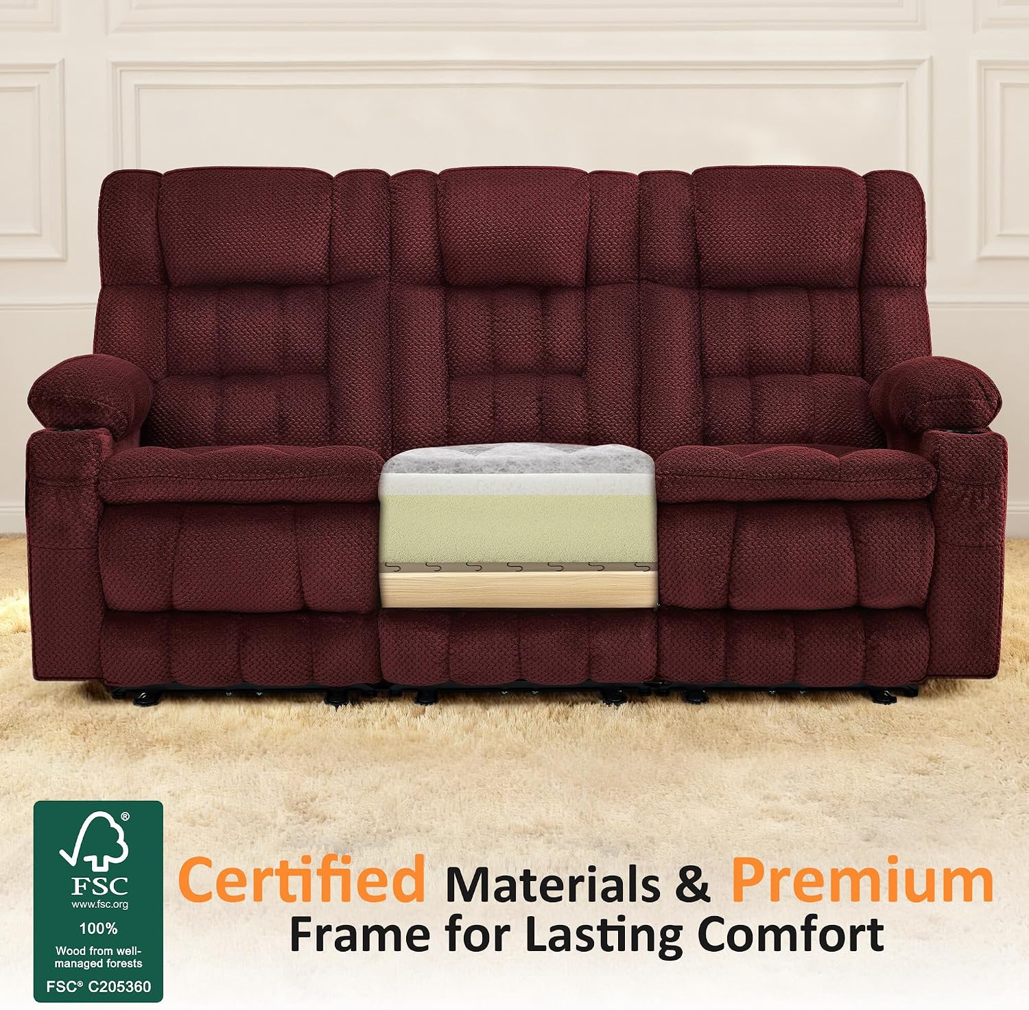 MCombo 80.7' W 3 Seater Power Reclining Sofa with Heat and Vibration Massage, Zero Gravity Recliner Sofa Couch for Living Room, Fabric 6316M3 (Burgundy, 3-Seater)