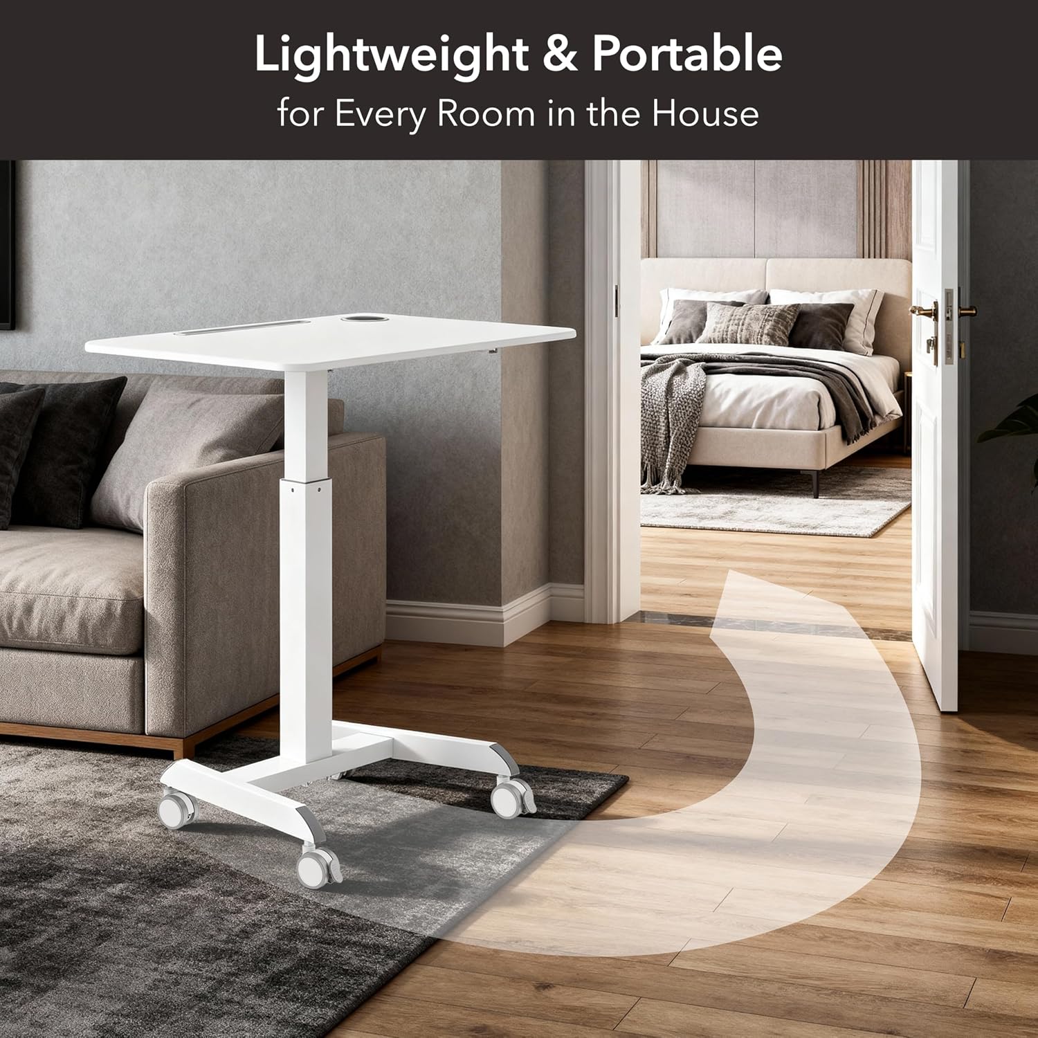 Mount-It! Laptop Cart Rolling Desk Adjustable Height with 28.5' x 22' Tabletop, Ergonomic Sit-Stand Workstation on Wheels Portable for Home Office, Dorm, Classroom, White