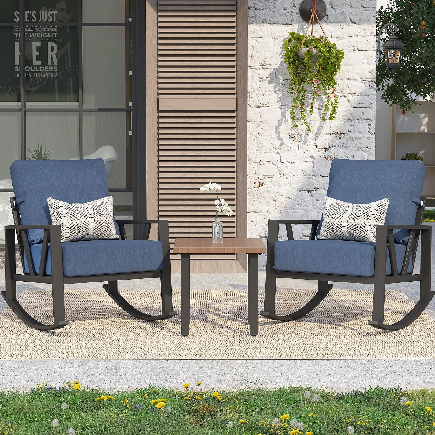 Outdoor Patio Rocking Chairs Set of 2, 3 Pieces Patio Porch Furniture Set with 6' Thick Cushions, Outdoor Bistro Set with Coffee Table,Blue