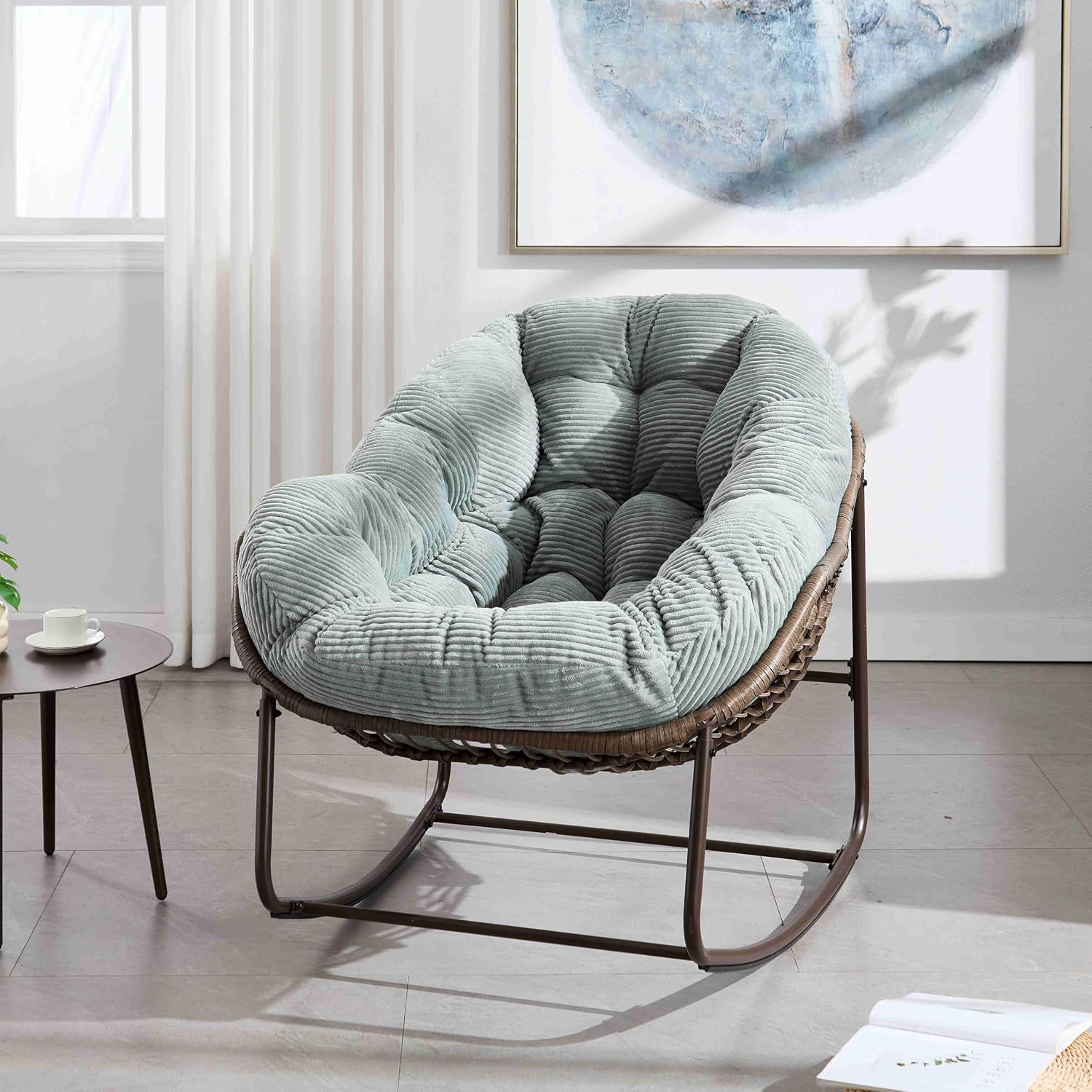 Wicker Outdoor Rocking Chair Rattan Egg Chair with Thick Cushion 30° Smooth Rocking Patio Lounge Reclining for Indoor Outdoor Use Living Room Front Porch Balcony Lawn Garden, Light Blue