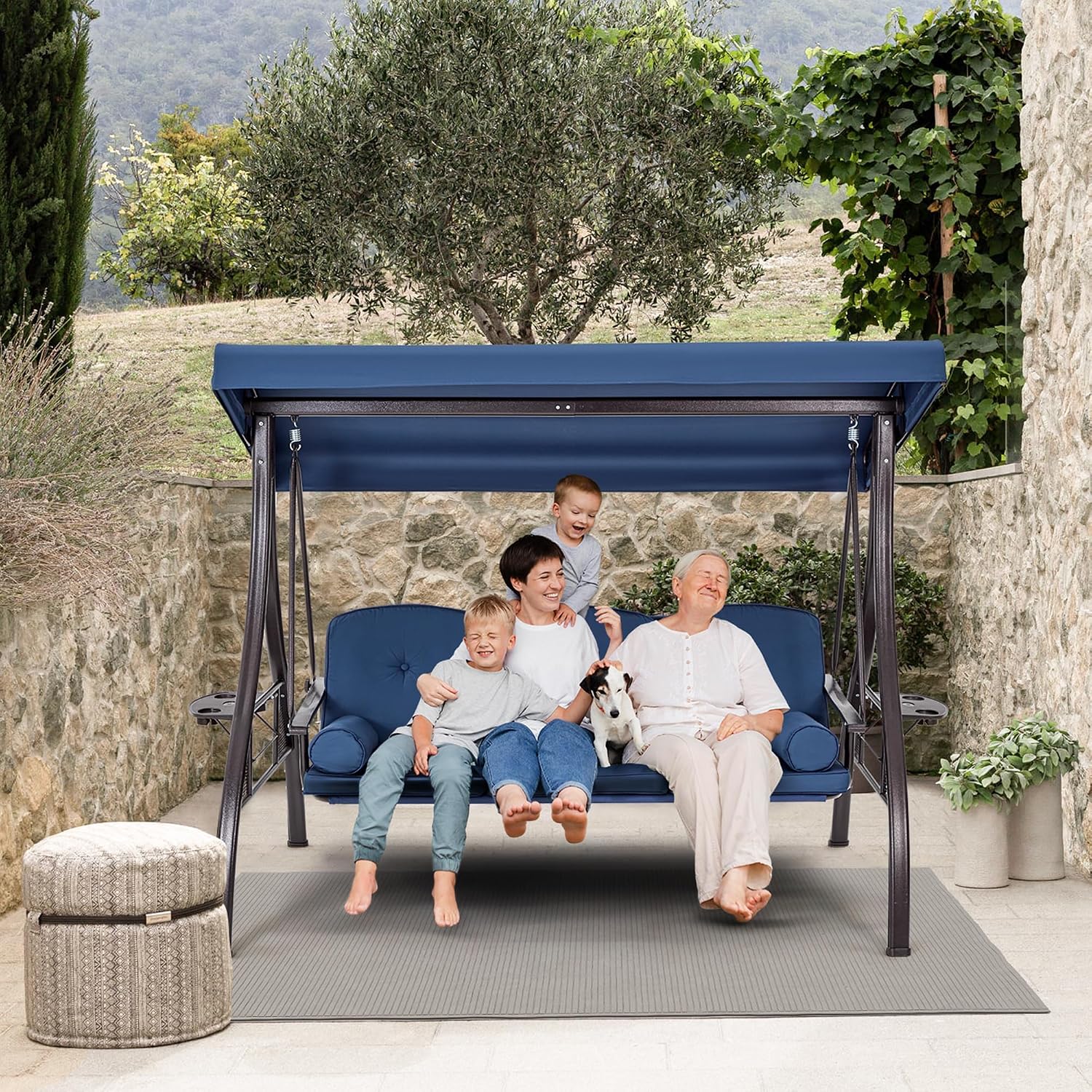 HOMREST 3 Person Outdoor Porch Swing with 1.5' Upgraded Cup Holder, Adjustable Canopy, Backrest, Patio Swing Bed with Weather Resistant Steel Frame, Cushions for Garden,Deck and Poolside(Blue)