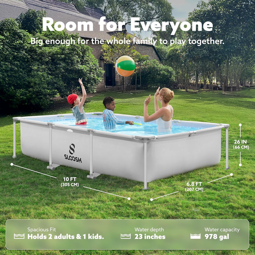 SLOOSH Rectangular Above Ground Pool - 10ft x 6.8ft x 26inch Outdoor Frame Above Ground Swimming Pool Set Kiddie Pool for Kids Adults with Filter Pump