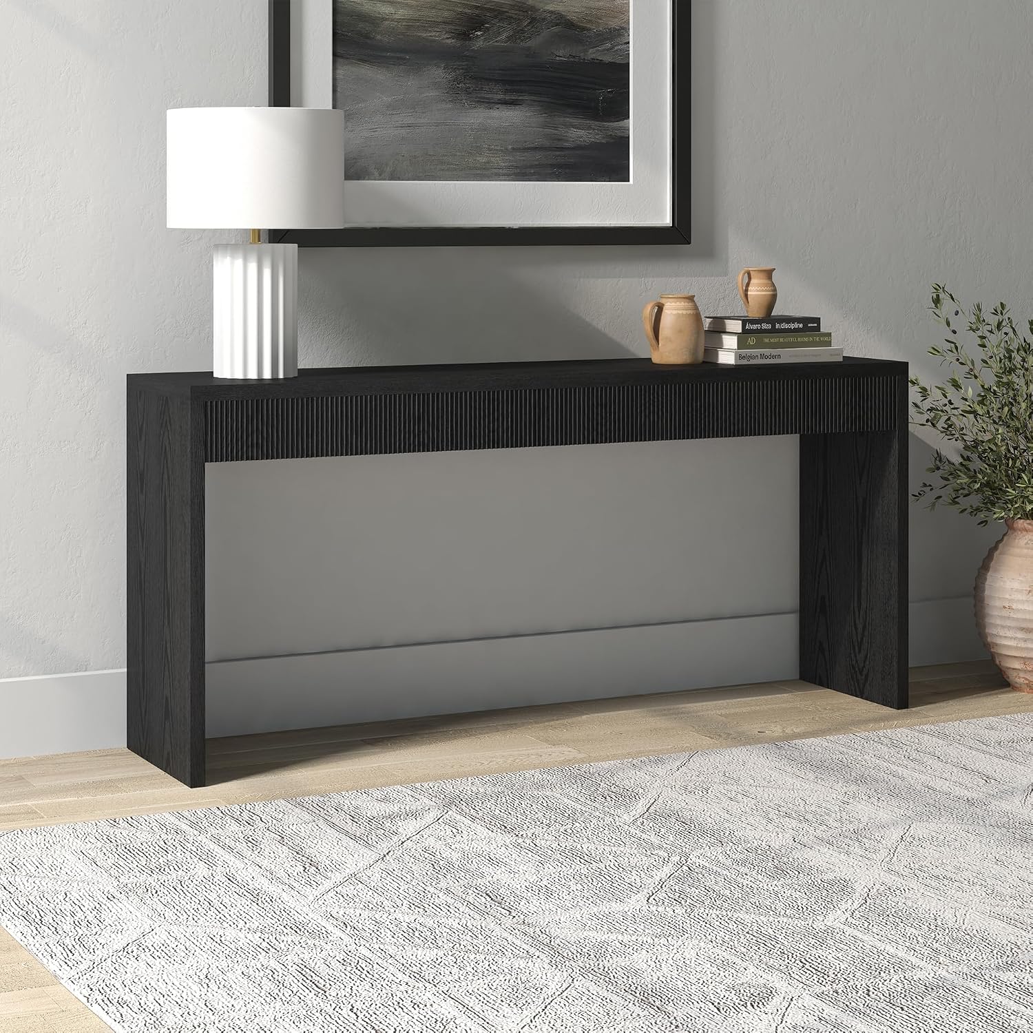 Henn&Hart 64' Rectangular Fluted Console Table, Ribbed Entryway Table, Sofa Table for Entryway, Living Room, Couch, Hallway, or Office, Natural Black