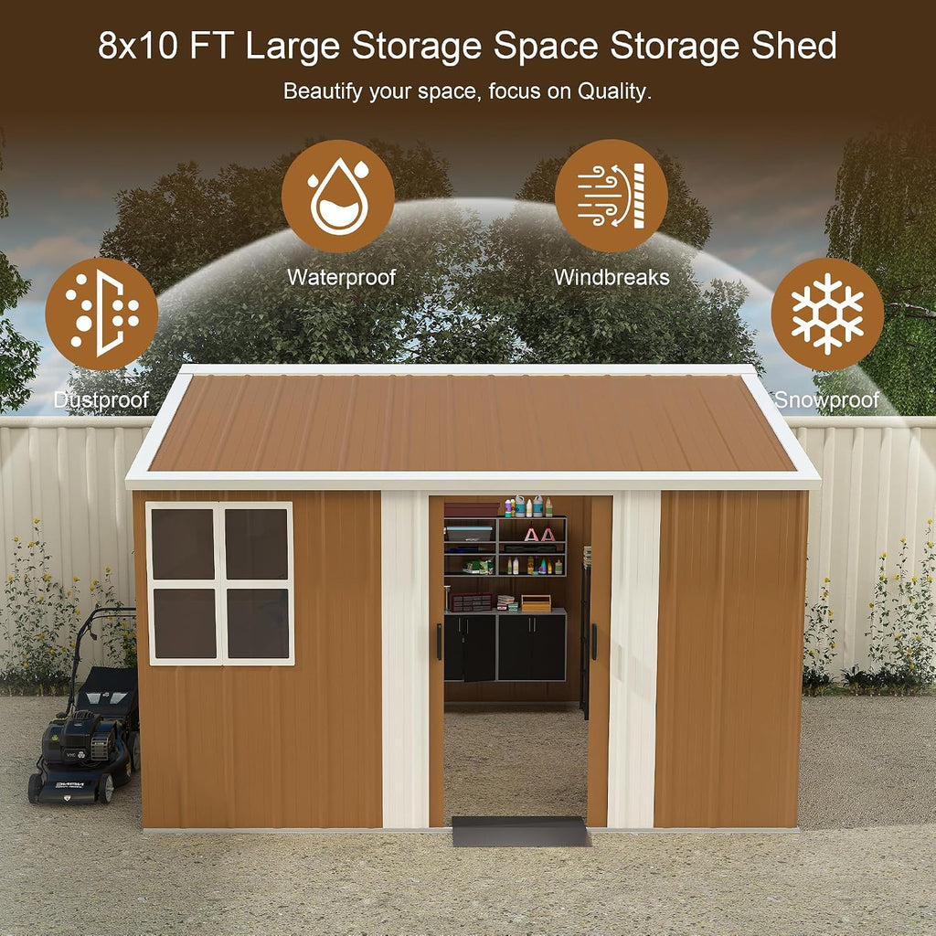 10x8 FT Outdoor Steel Storage Shed with Clear Windows, Sliding Lockable Door & Ventilation, Brown and White Weather-Resistant Metal Tool Shed for Garden, Backyard, Lawn, and Utility Storage