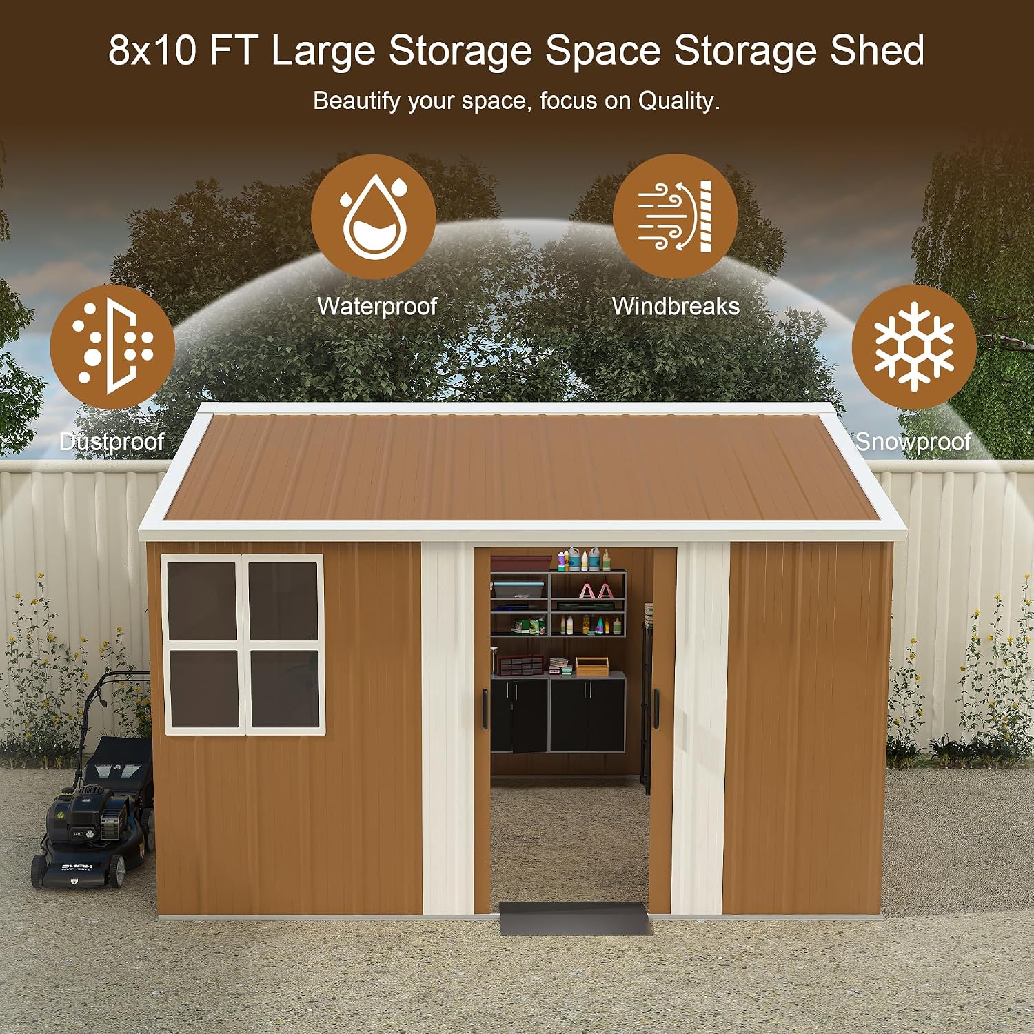 Montary 8X10 FT Outdoor Storage Shed with Windows, Lockable Door & Ventilation - Weatherproof Metal Garden Shed, Outdoor Tool Storage House for Backyard, Lawn, Patio,Yard