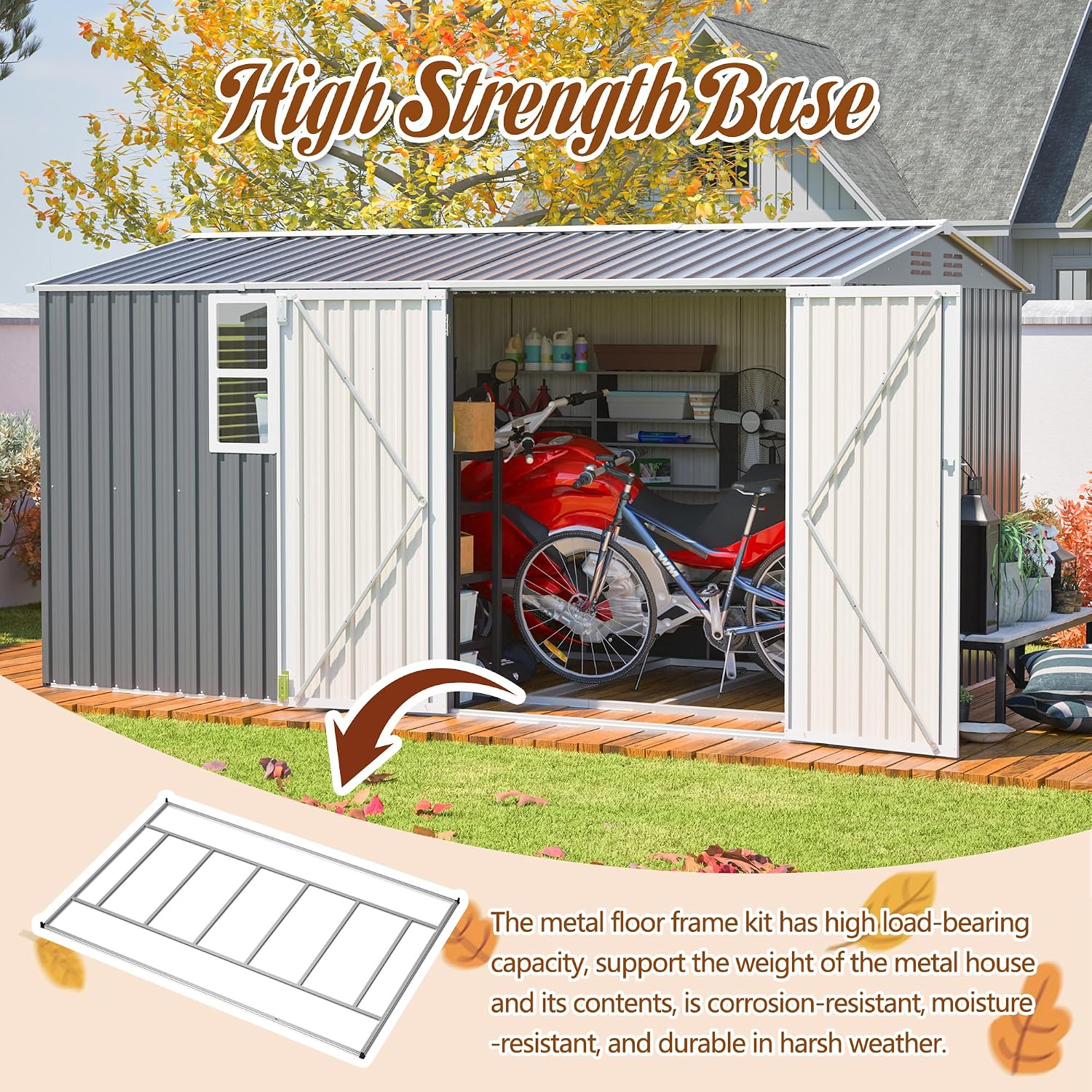 8X12 FT Outdoor Storage Shed,Metal Shed with Window,Floor Frame & Lockable Door,Garden Tool House with Vents & Sloped Roof,Waterproof Outside Storage Building for Backyard, Patio
