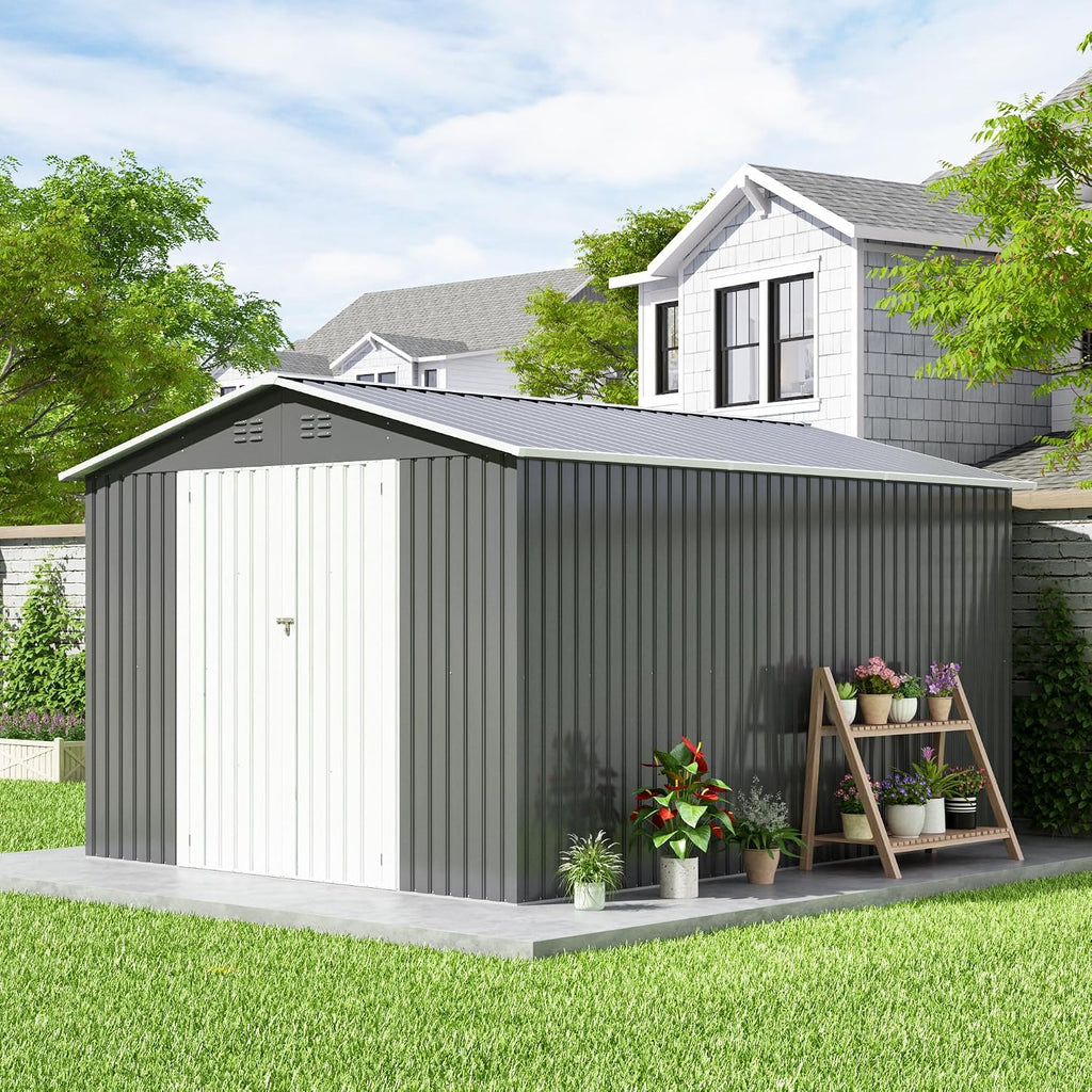 JAXPETY 10x12 FT Outdoor Storage Shed, Garden Shed with Lockable Doors, Tool Sheds for Backyard Garden Patio Lawn, Grey