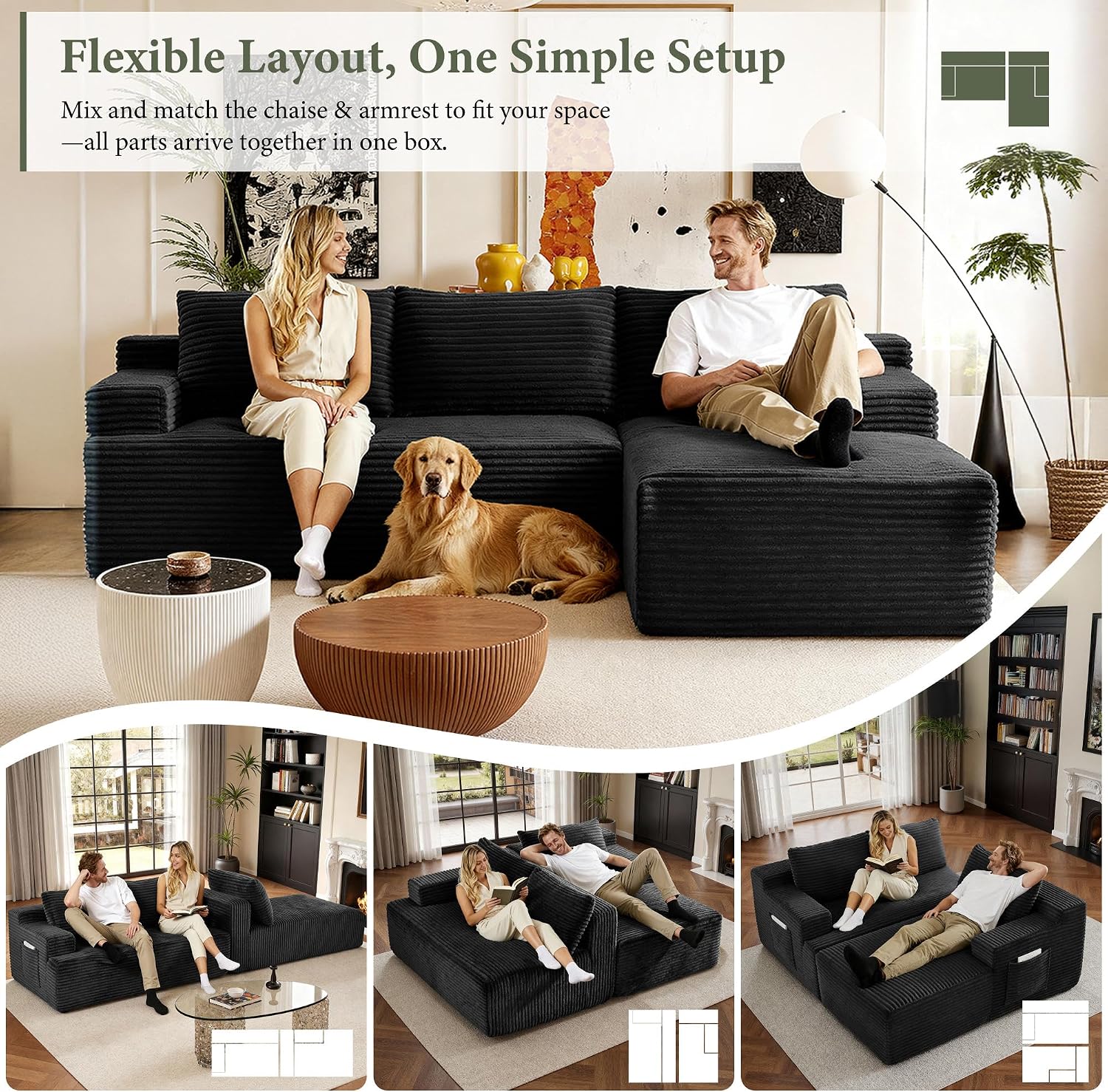 Sectional Couches for Living Room Cloud Couch Sofa with L-Shape Upholstered Boneless Couchs Modern Modular Sectional Couch with Chaise (Black, 96' W+Right Facing Chaise+2Seaters)