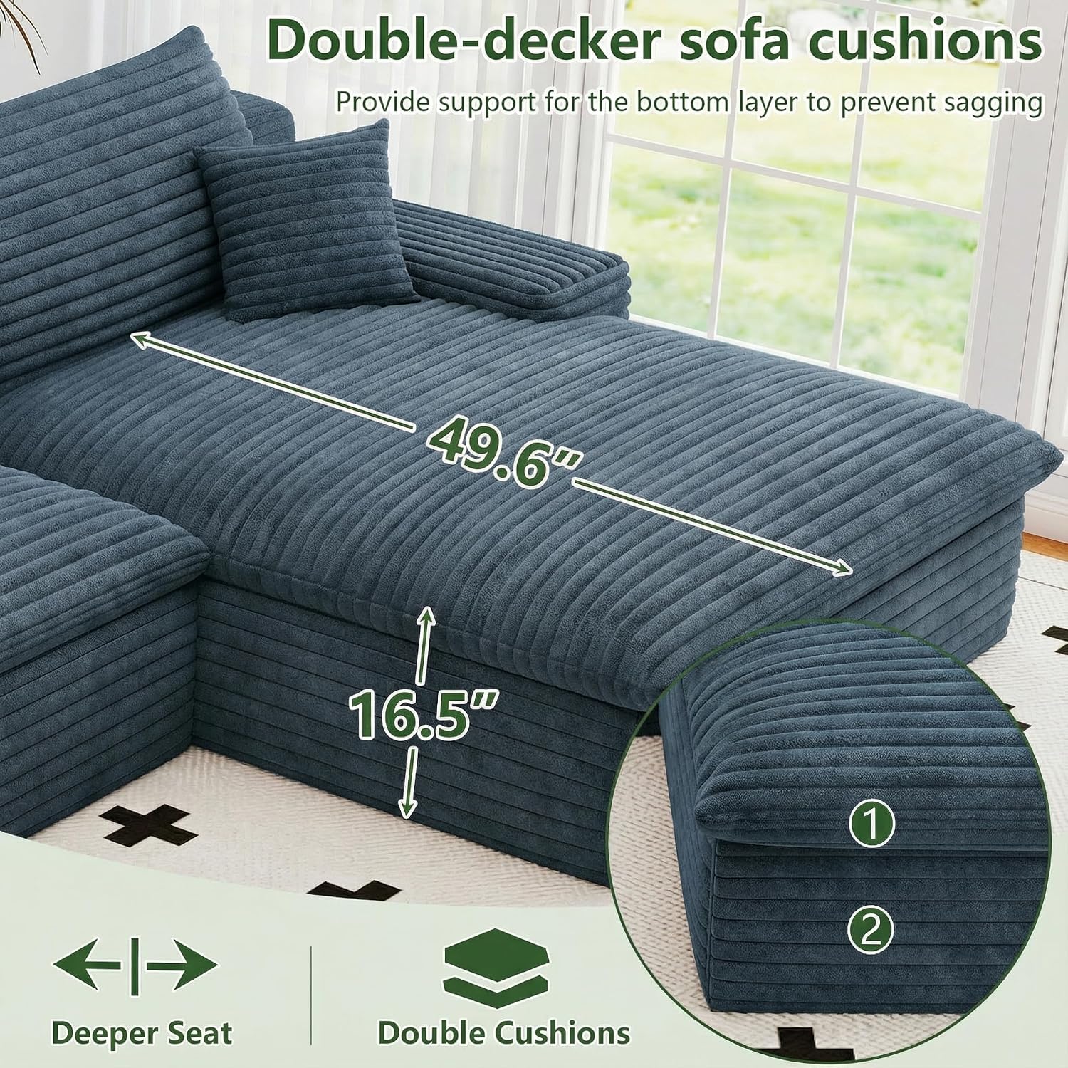 107' Cloud Couch Modular Sectional Sofa for Living Room, U-Shape Boneless Couch with Deep Seat, Modern Corduroy 3-Seater with Ottoman, No Assembly Required (Blue,Right-Facing Chaise)