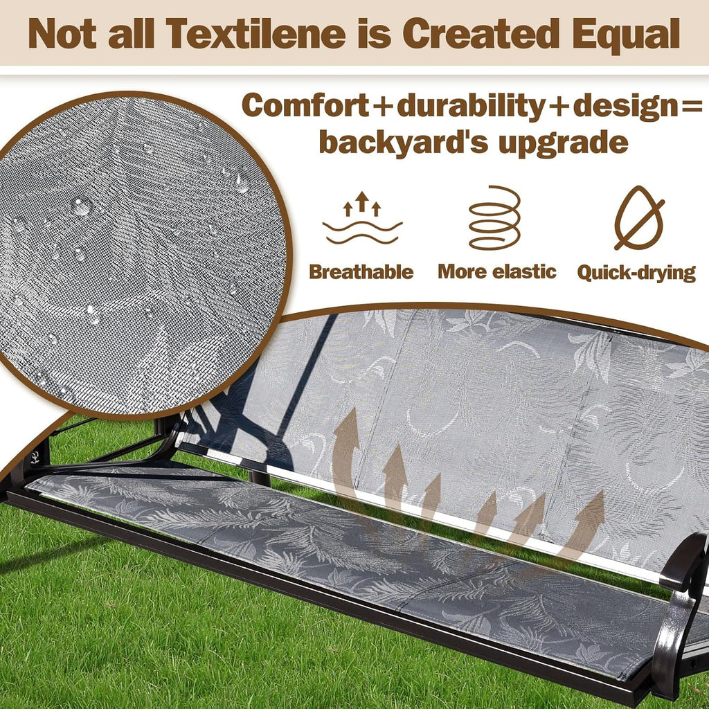 ZZW 3 Person Patio Swing Outdoor Swing for Adults with Adjustable Canopy &Upgraded Cup Holders Textilene Fabric Porch Swing Chair with Stand Heavy Duty 800 LBS