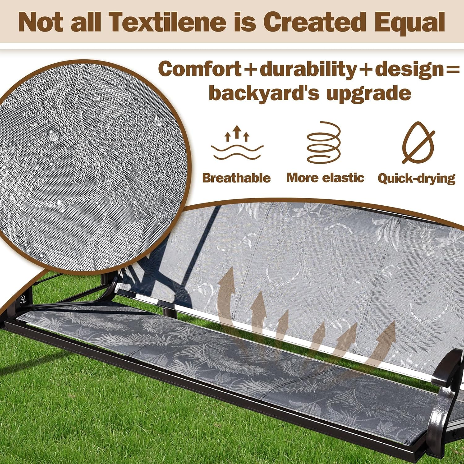 ZZW 3 Person Patio Swing Outdoor Swing for Adults with Adjustable Canopy &Upgraded Cup Holders Textilene Fabric Porch Swing Chair with Stand Heavy Duty 800 LBS