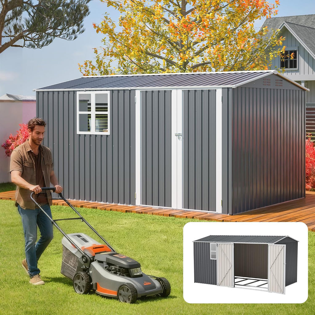 8X12 FT Outdoor Storage Shed,Metal Shed with Window,Floor Frame & Lockable Door,Garden Tool House with Vents & Sloped Roof,Waterproof Outside Storage Building for Backyard, Patio