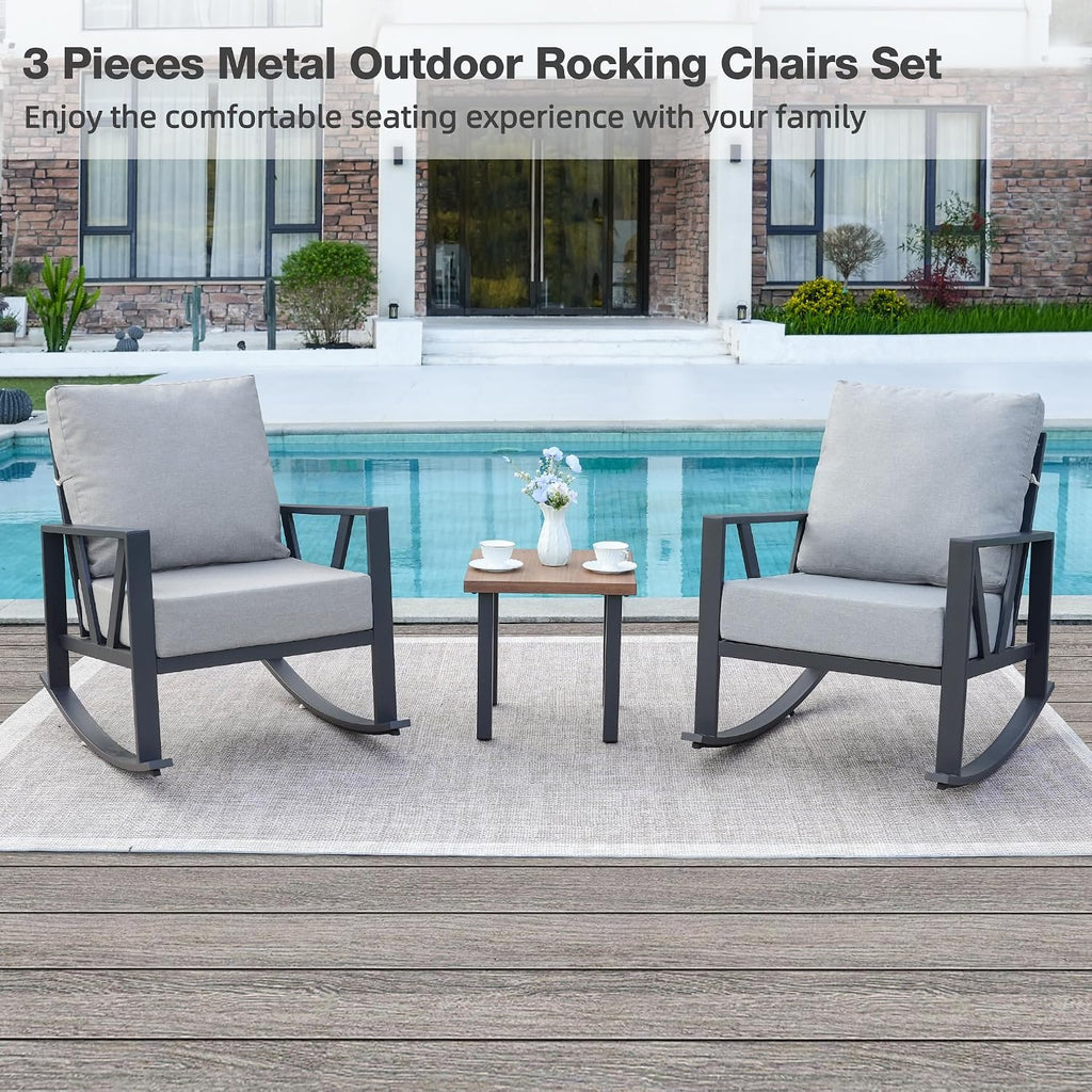Outdoor Patio Rocking Chairs Set of 2, 3 Pieces Patio Porch Furniture Set with 6' Thick Cushions, Outdoor Bistro Set with Coffee Table, Light Grey
