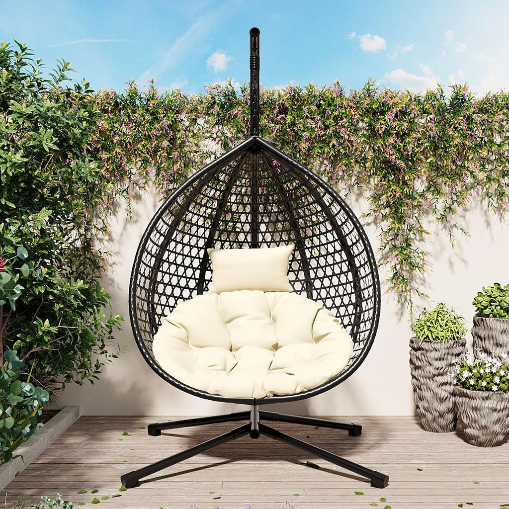 Egg Chair with Stand Patio Rattan Wicker Hanging Swing Egg Chair Hammock Chair for Indoor and Outdoor Egg Hanging Chair for Balcony Porch Garden 330lbs Capacity - Black+Beige