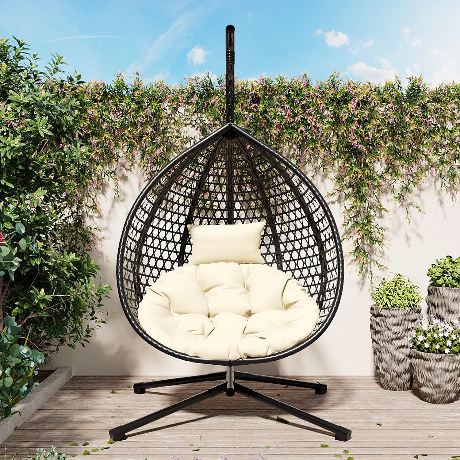 Egg Chair with Stand Patio Rattan Wicker Hanging Swing Egg Chair Hammock Chair for Indoor and Outdoor Egg Hanging Chair for Balcony Porch Garden 330lbs Capacity - Black+Beige
