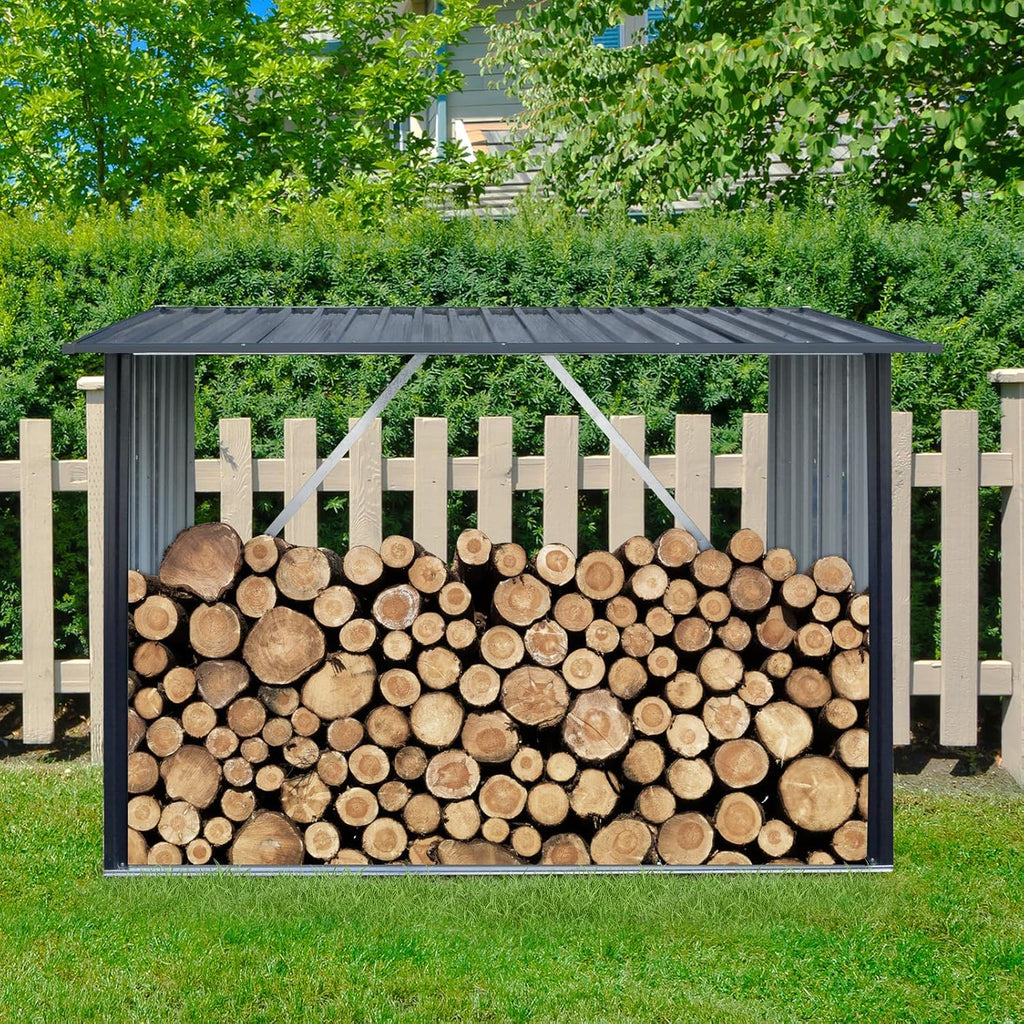 Outdoor Firewood Rack, 3ft x 7ft Garden Log Storage Shed, Firewood Rack Holder Outdoor in Galvanized Steel with Sloped Roof for Pellet,or Lumber Storage,Black