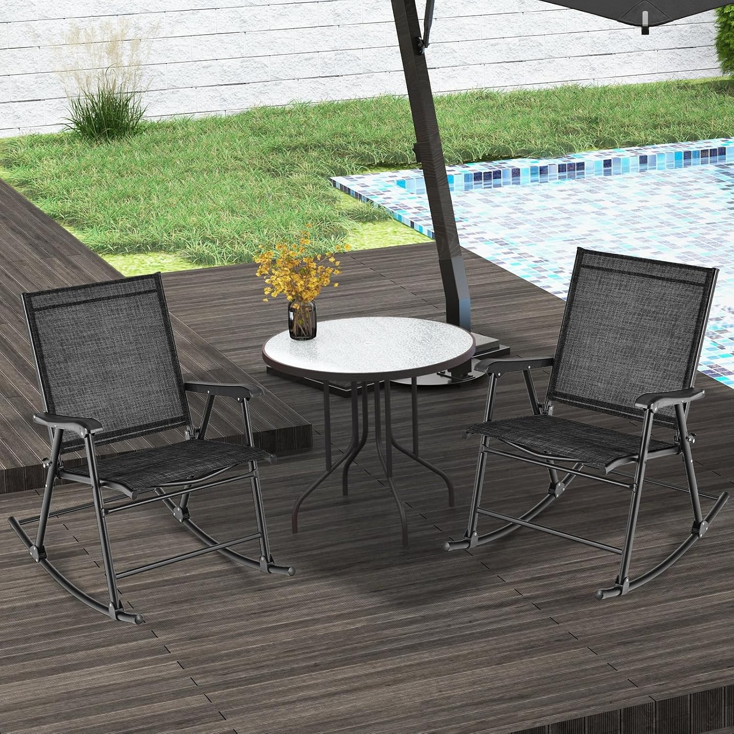 Tangkula Folding Rocking Chairs Set of 2, Patio Rockers with Breathable Seat Fabric & Sturdy Metal Frame, Smooth Rocking Motion, Heavy-Duty Outdoor Rocker for Backyard, Front Porch, Poolside