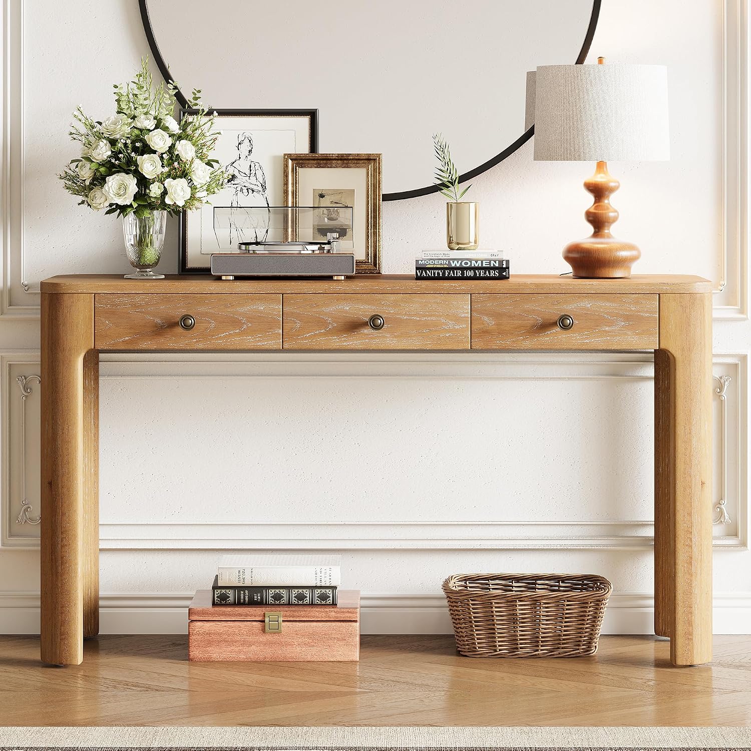 LKTART Solid Wood Entryway Table with 3 Drawers,Farmhouse Console Table Sofa Table with Curved Corners for Hallway,Foyer,Living Room (52' Natural)