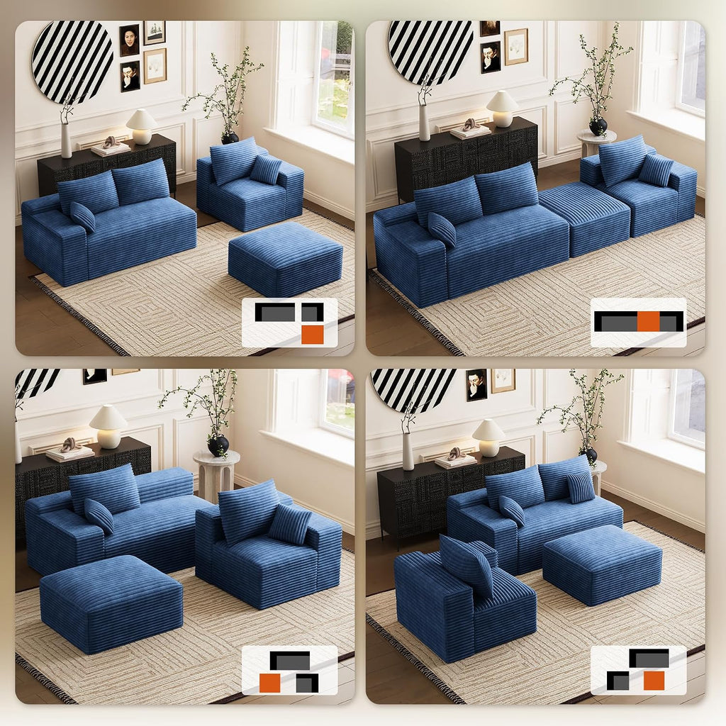 108' Oversized L-Shaped Sectional Couches for Living Room, Comfy Fluffy Corduroy Blue Boneless Cloud Couch with Ottoman, Plush Memory Foam Modular Sectional Sofa for Small Spaces