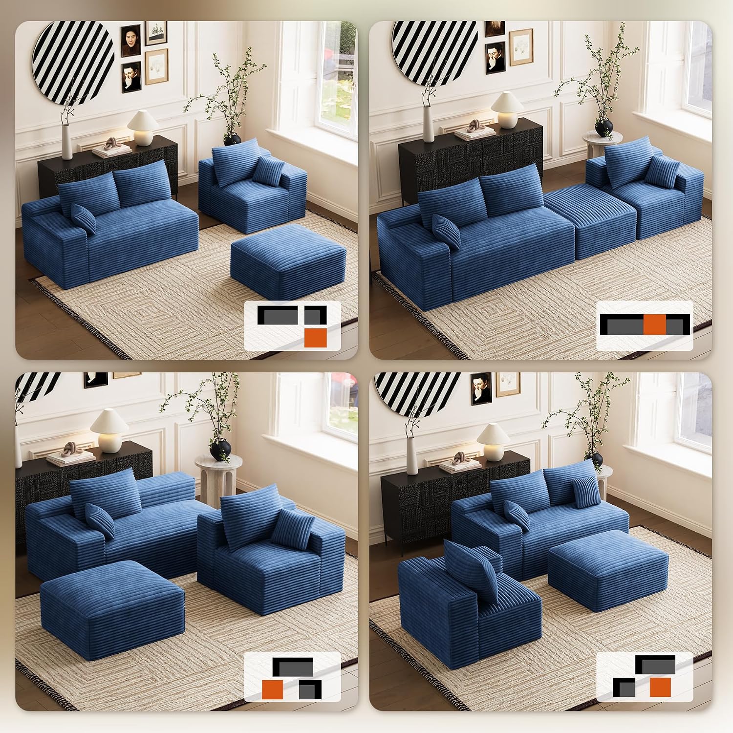 108' Oversized L-Shaped Sectional Couches for Living Room, Comfy Fluffy Corduroy Blue Boneless Cloud Couch with Ottoman, Plush Memory Foam Modular Sectional Sofa for Small Spaces