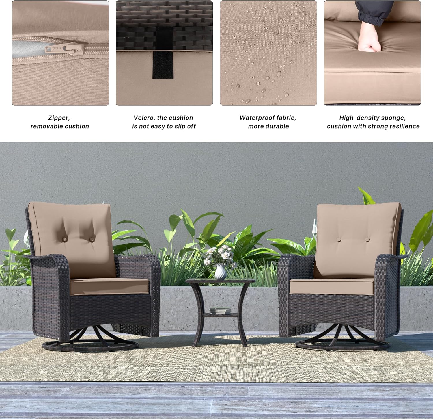 Kurapika 3 Pieces Patio Furniture Set Outdoor Swivel Gliders Rocker, Wicker Patio Bistro Set, Rattan Rocking Chair with Tempered Glass Side Table and Thickened Cushions (Sand)