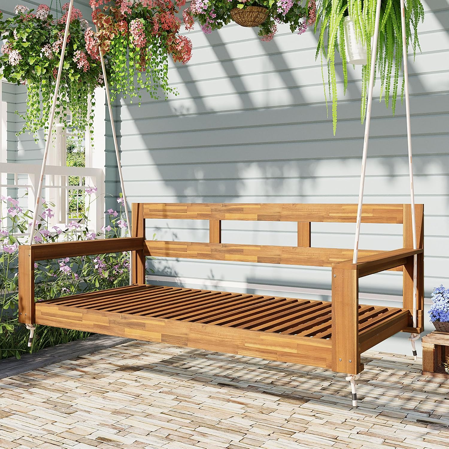 RuiSiSi Twin Size Porch Swing Daybed Frame, Outdoor Porch Swing Chair, Framhouse Hanging Bench with 4 Hanging Ropes for Garden, Backyard, Patio, Natural