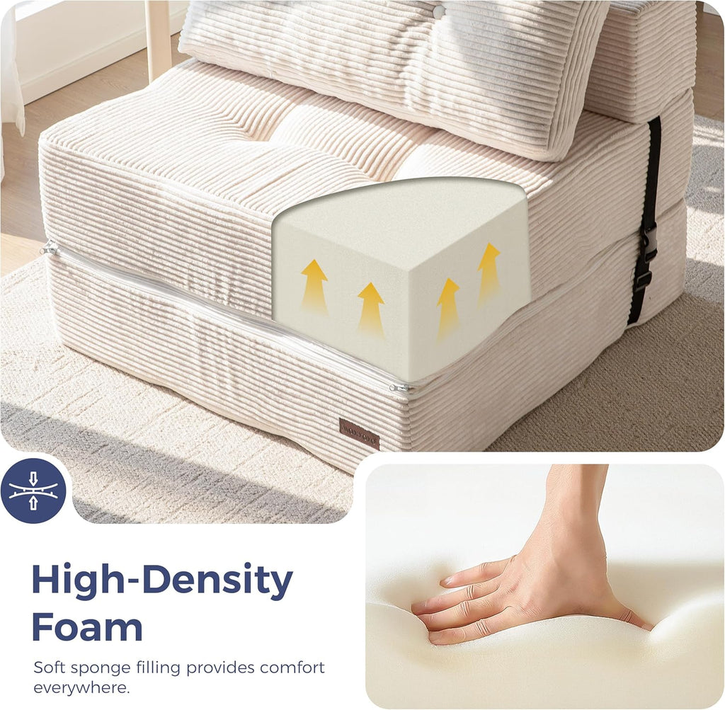 MAXYOYO Folding Sofa Bed, Convertible Sofa Bed with High-Density Support Foam, Portable 4 in 1 Fold Out Chair to Floor Lounger, Versatile Floor Couch for Living Room Bedroom, Beige